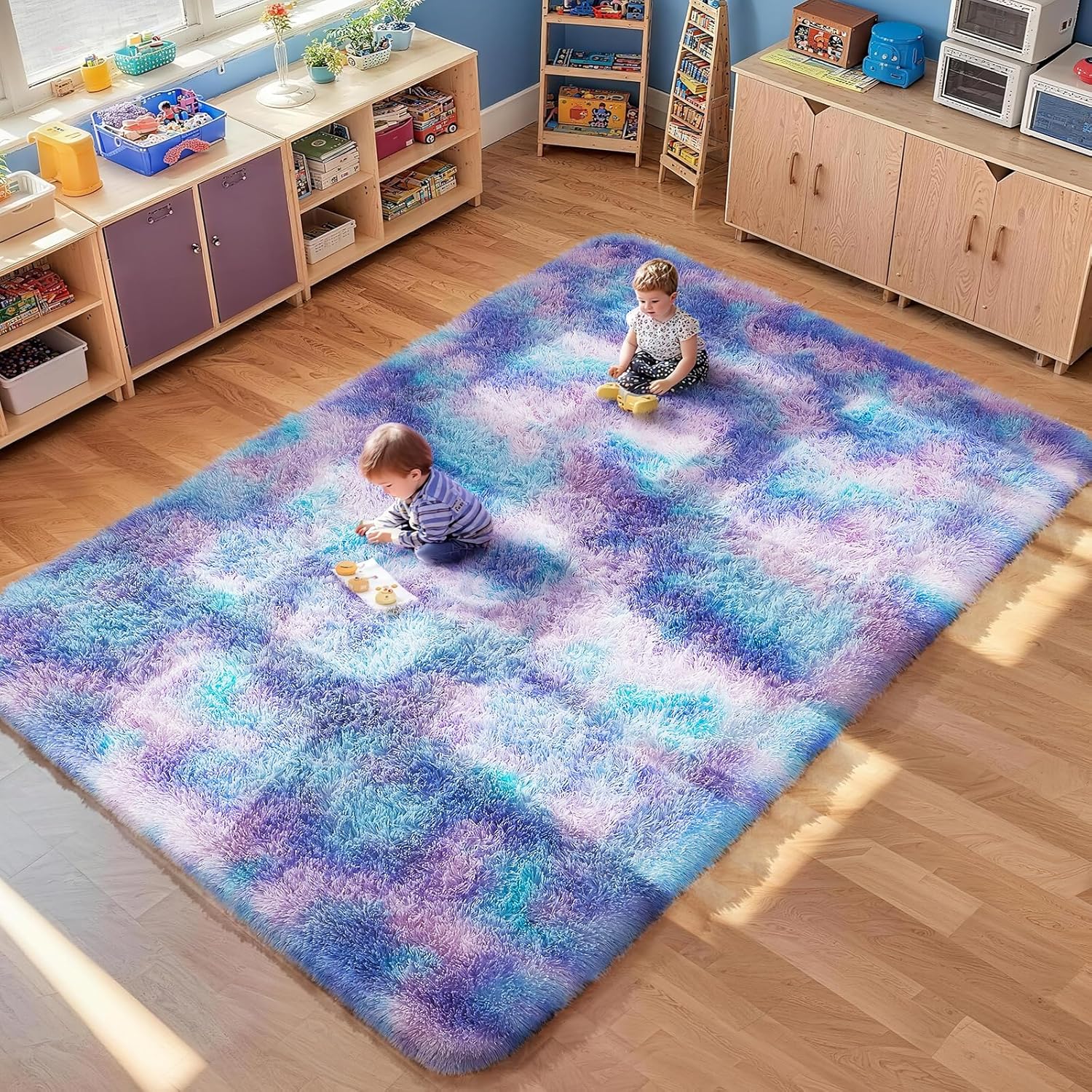 Ophanie 5x8 Blue Rugs for Living Room, Kids Nursery Rug Aesthetic, Playroom Navy Area Rugs for Boys Girls Teen Home Decor, Fluffy Fuzzy Soft Plush Shaggy Bedside Floor Bedroom Carpet for Teen