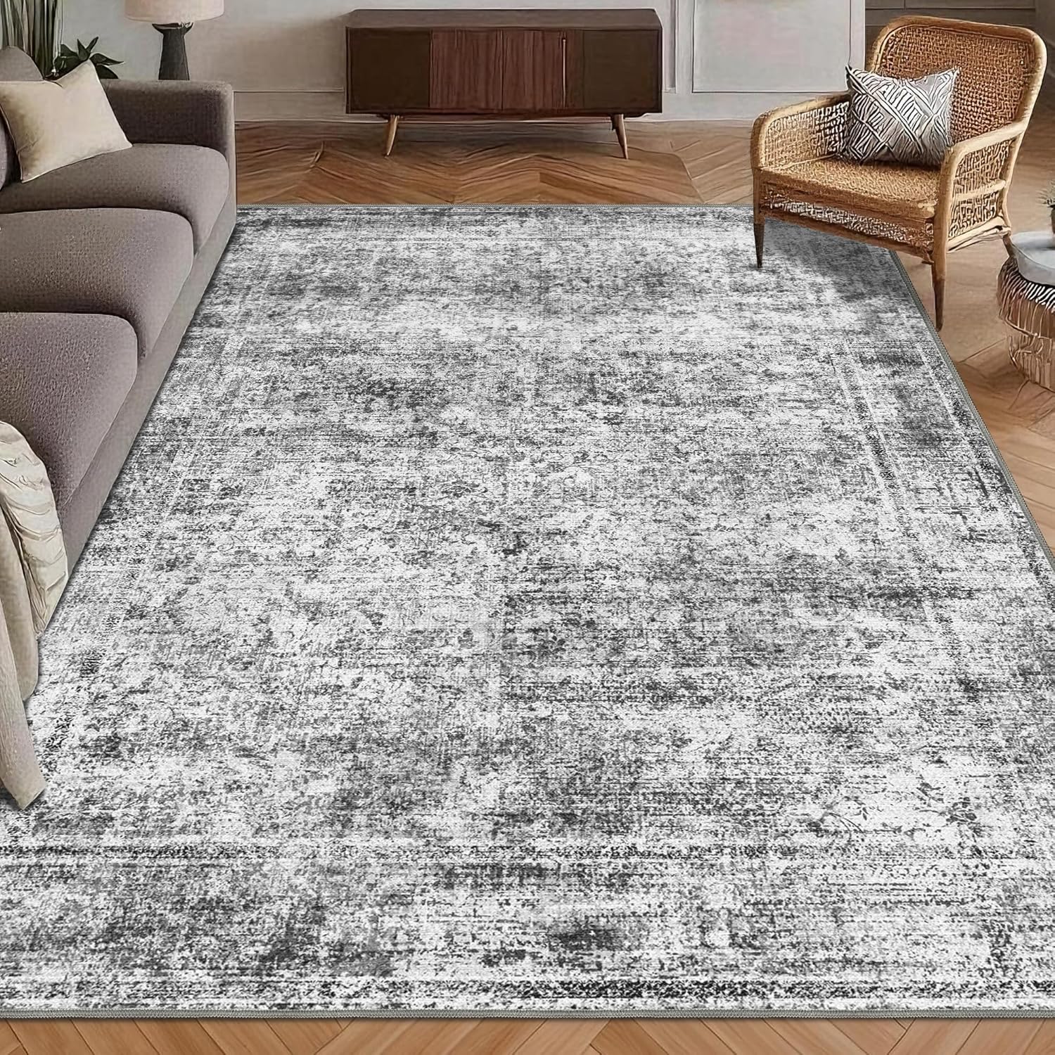 Washable Area Rug 8' x 10' Vintage Traditional Persian Mat - Foldable Distressed Non-Slip Machine Washable Carpet for Living Room Bedroom Kitchen Home Decor - Graphite and Mist