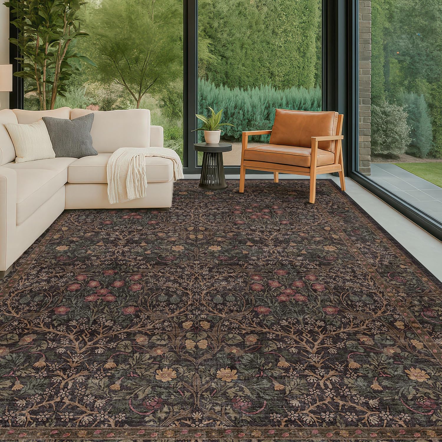 Dark Green Floral Living Room Rug 5x7 Area Rug - Vintage Forest Washable Mat for Dining Room, Bedroom, Low Pile Non Slip Stain Resistance Distressed Retro Indoor Boho Carpet (5x7 Dark Green)