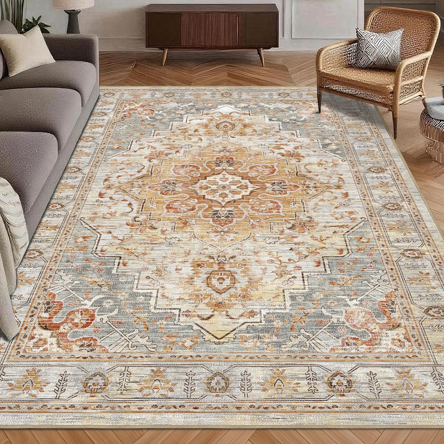 Washable Area Rug 8' x 10' Vintage Traditional Persian Mat - Foldable Distressed Non-Slip Machine Washable Carpet for Living Room Bedroom Kitchen Home Decor - Graphite and Mist