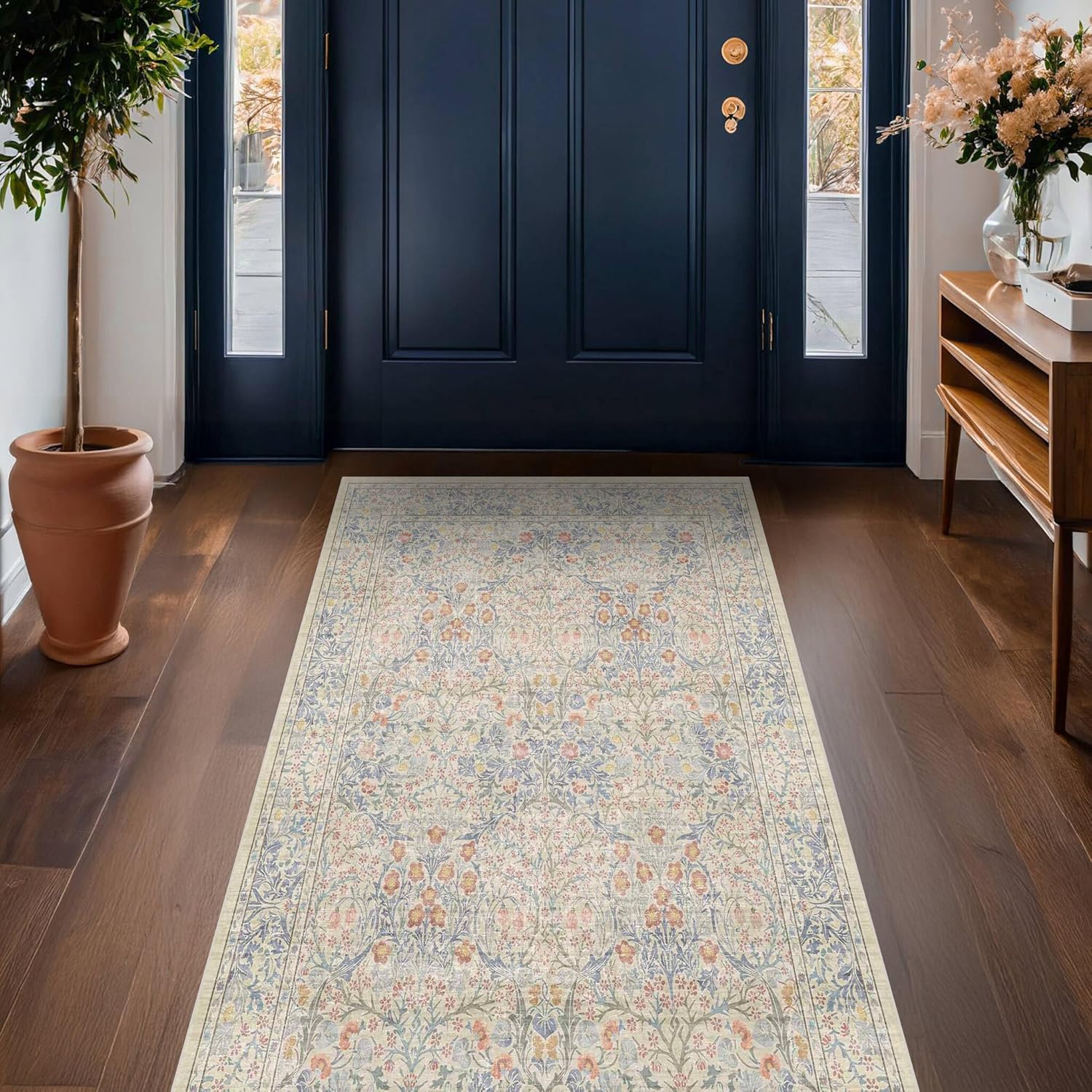 Dark Green Floral Living Room Rug 5x7 Area Rug - Vintage Forest Washable Mat for Dining Room, Bedroom, Low Pile Non Slip Stain Resistance Distressed Retro Indoor Boho Carpet (5x7 Dark Green)