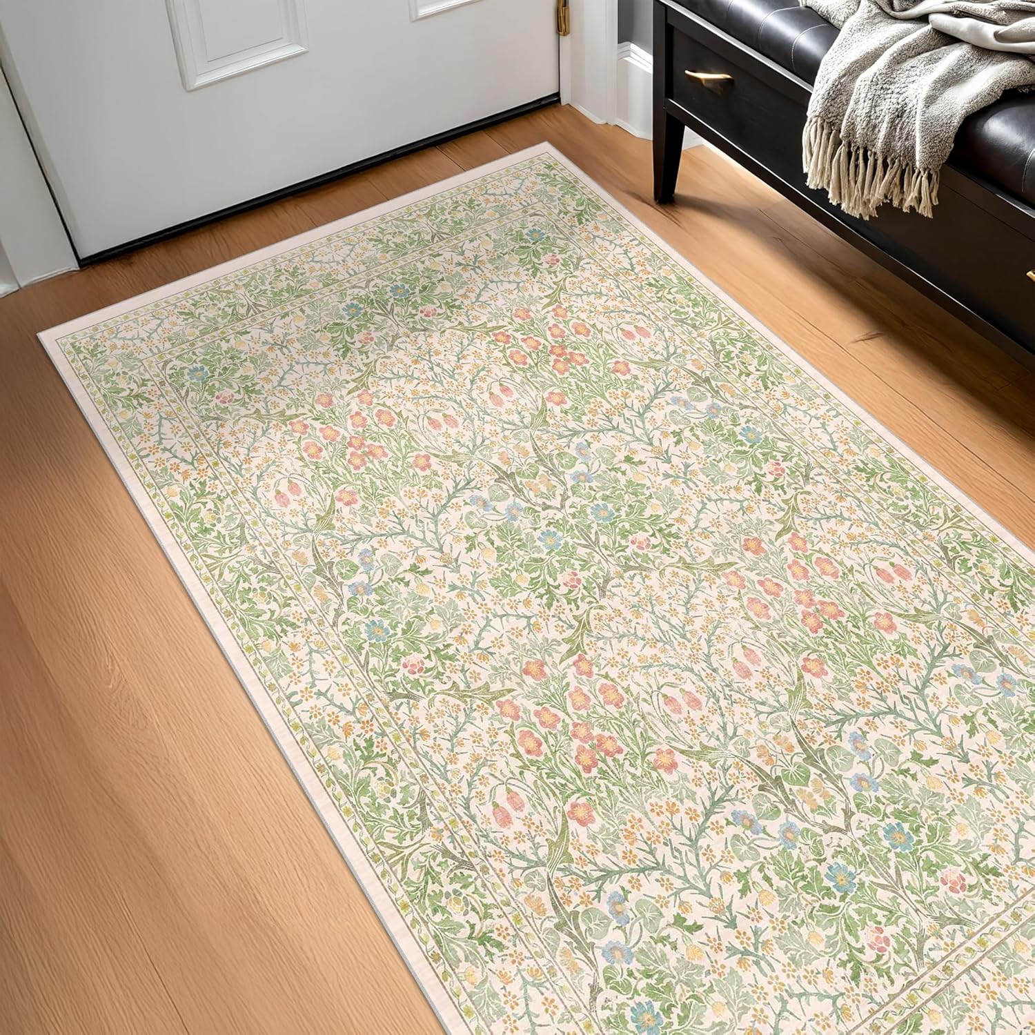 Dark Green Floral Living Room Rug 5x7 Area Rug - Vintage Forest Washable Mat for Dining Room, Bedroom, Low Pile Non Slip Stain Resistance Distressed Retro Indoor Boho Carpet (5x7 Dark Green)