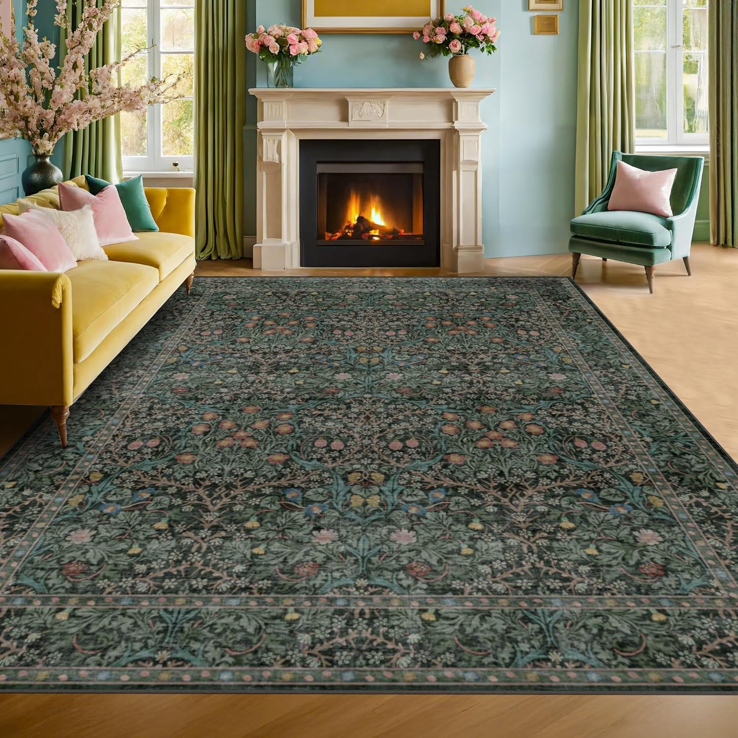 Dark Green Floral Living Room Rug 5x7 Area Rug - Vintage Forest Washable Mat for Dining Room, Bedroom, Low Pile Non Slip Stain Resistance Distressed Retro Indoor Boho Carpet (5x7 Dark Green)