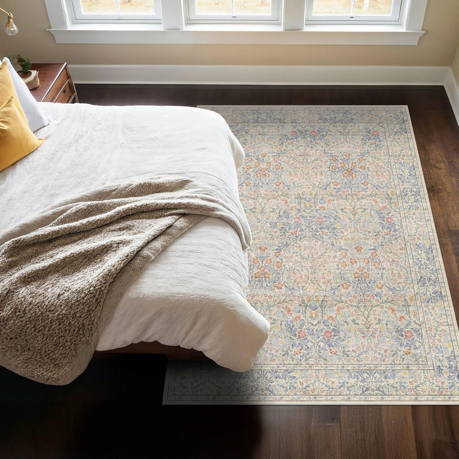 Dark Green Floral Living Room Rug 5x7 Area Rug - Vintage Forest Washable Mat for Dining Room, Bedroom, Low Pile Non Slip Stain Resistance Distressed Retro Indoor Boho Carpet (5x7 Dark Green)