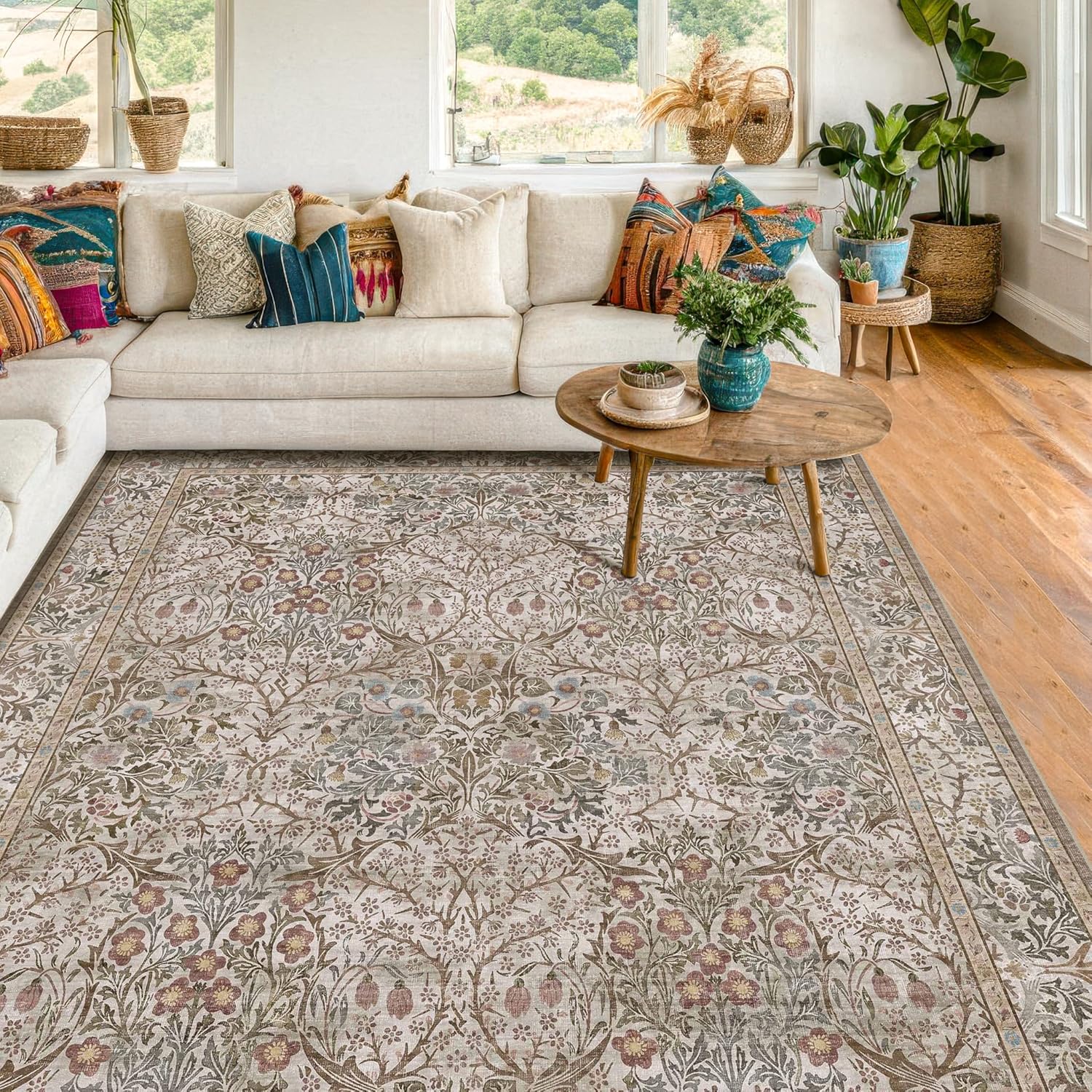 Dark Green Floral Living Room Rug 5x7 Area Rug - Vintage Forest Washable Mat for Dining Room, Bedroom, Low Pile Non Slip Stain Resistance Distressed Retro Indoor Boho Carpet (5x7 Dark Green)