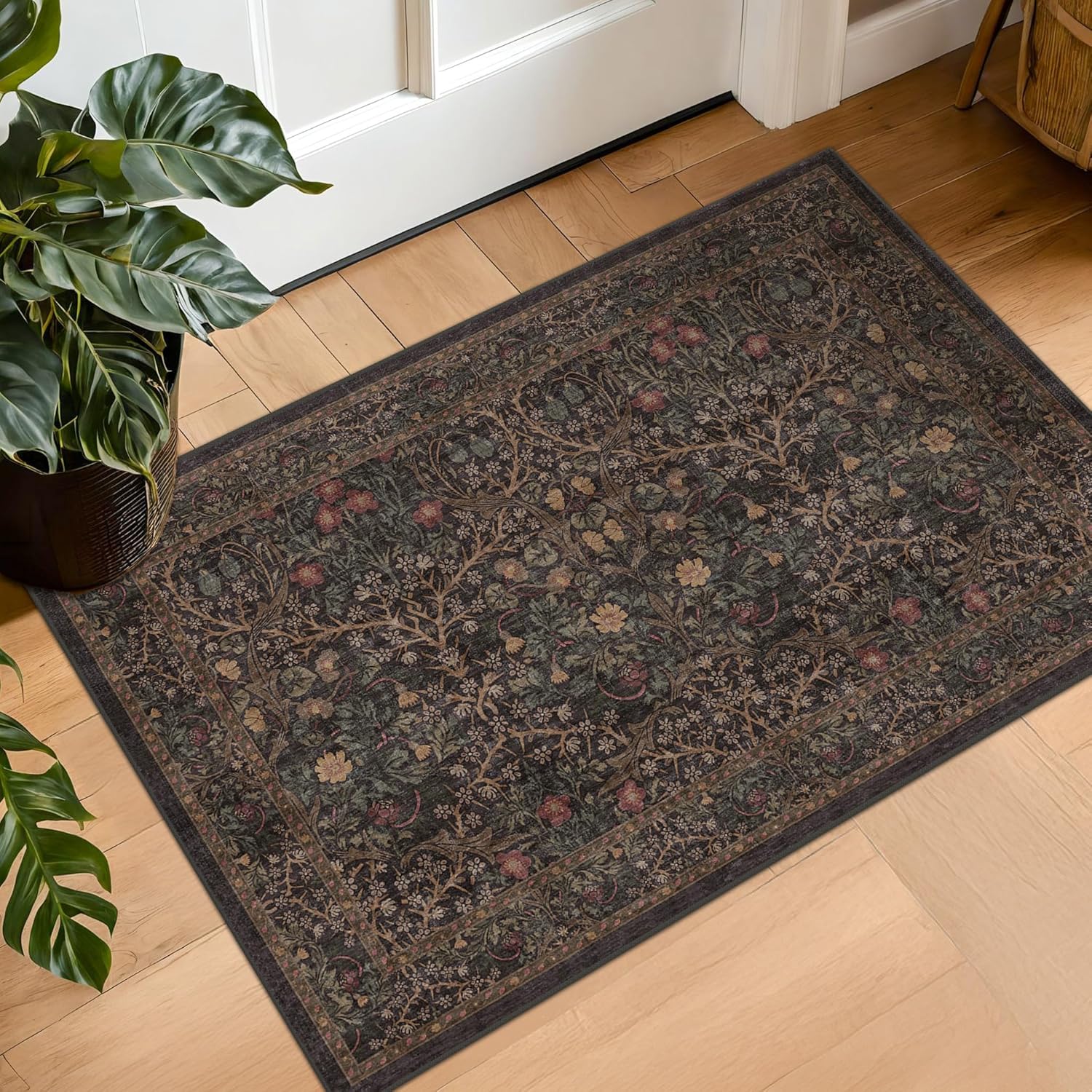Dark Green Floral Living Room Rug 5x7 Area Rug - Vintage Forest Washable Mat for Dining Room, Bedroom, Low Pile Non Slip Stain Resistance Distressed Retro Indoor Boho Carpet (5x7 Dark Green)