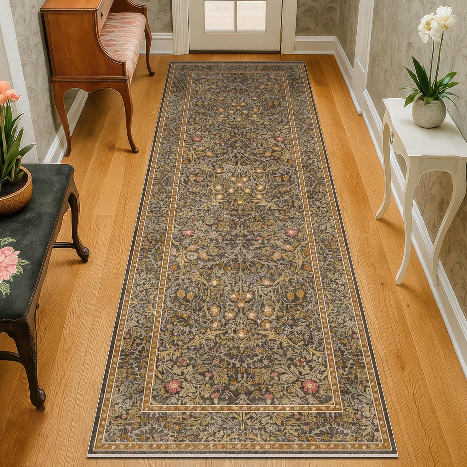 Dark Green Floral Living Room Rug 5x7 Area Rug - Vintage Forest Washable Mat for Dining Room, Bedroom, Low Pile Non Slip Stain Resistance Distressed Retro Indoor Boho Carpet (5x7 Dark Green)