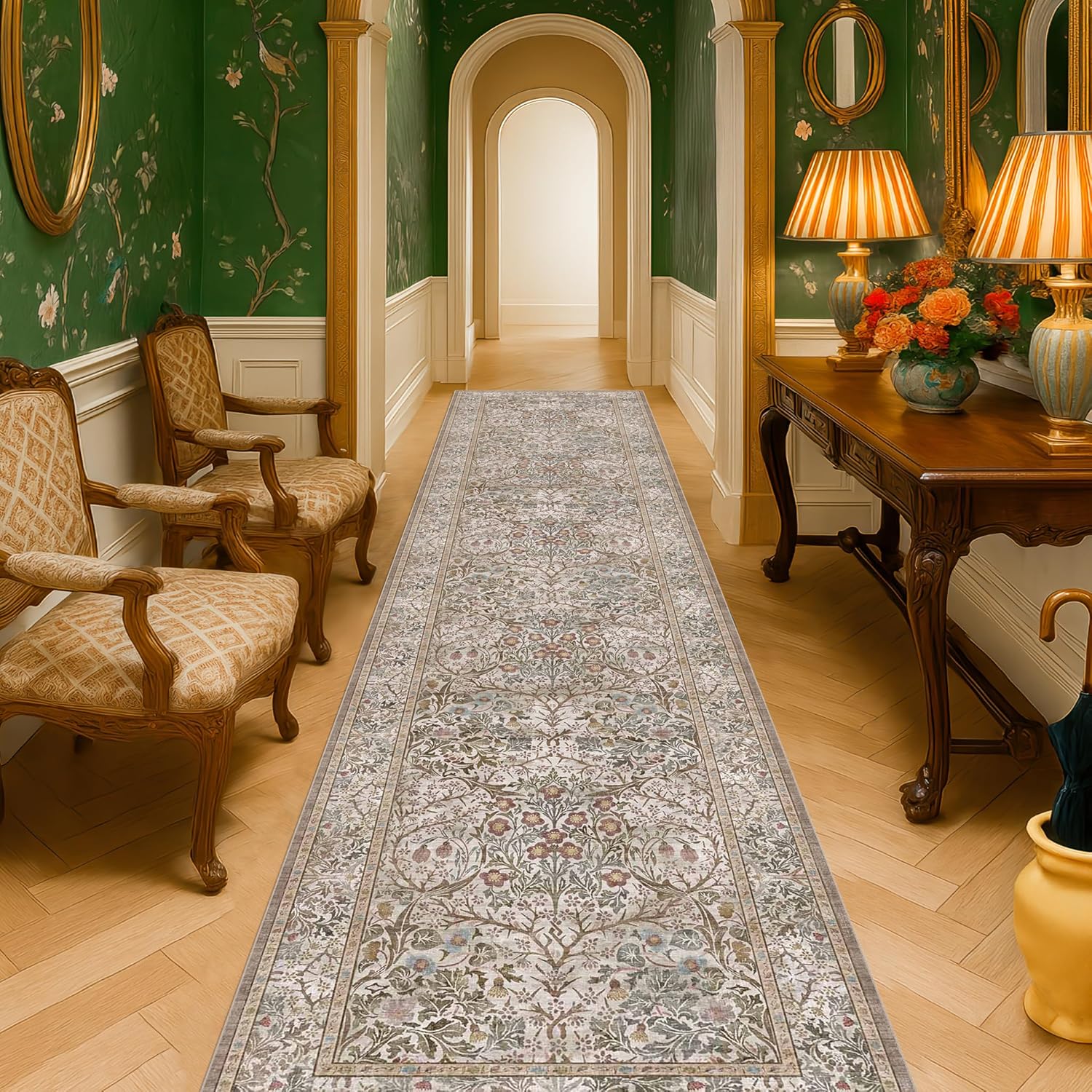 Dark Green Floral Living Room Rug 5x7 Area Rug - Vintage Forest Washable Mat for Dining Room, Bedroom, Low Pile Non Slip Stain Resistance Distressed Retro Indoor Boho Carpet (5x7 Dark Green)