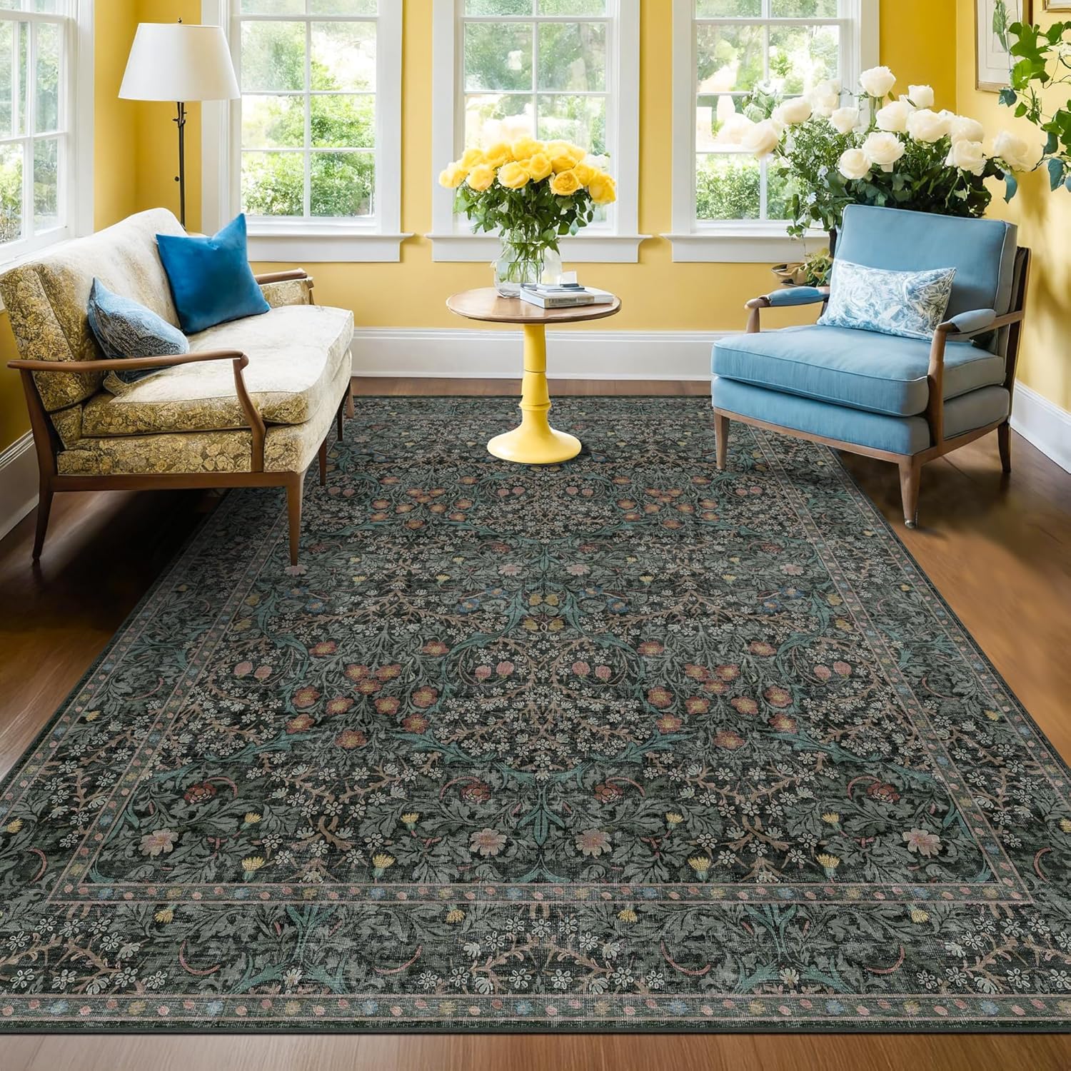 Dark Green Floral Living Room Rug 5x7 Area Rug - Vintage Forest Washable Mat for Dining Room, Bedroom, Low Pile Non Slip Stain Resistance Distressed Retro Indoor Boho Carpet (5x7 Dark Green)