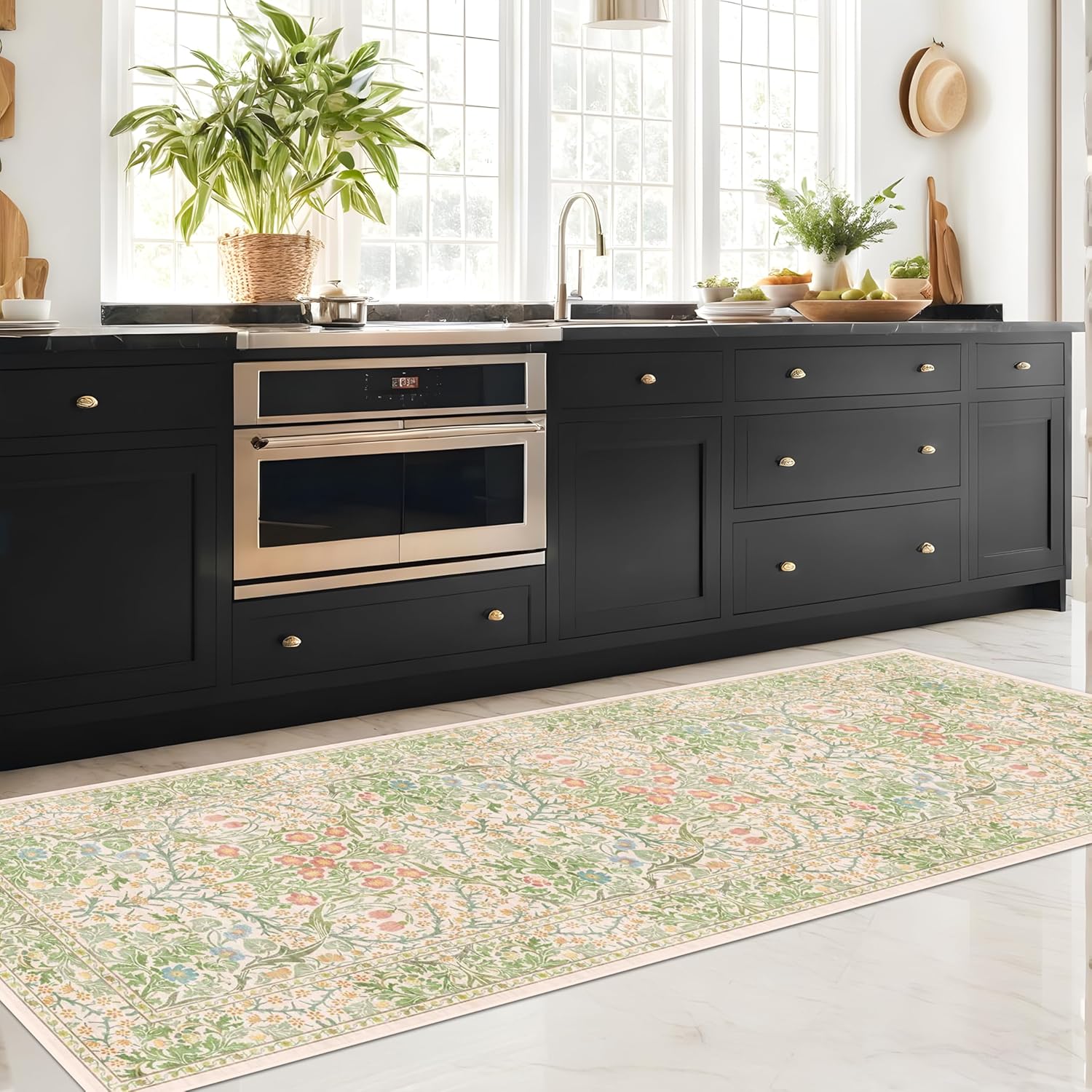 Dark Green Floral Living Room Rug 5x7 Area Rug - Vintage Forest Washable Mat for Dining Room, Bedroom, Low Pile Non Slip Stain Resistance Distressed Retro Indoor Boho Carpet (5x7 Dark Green)