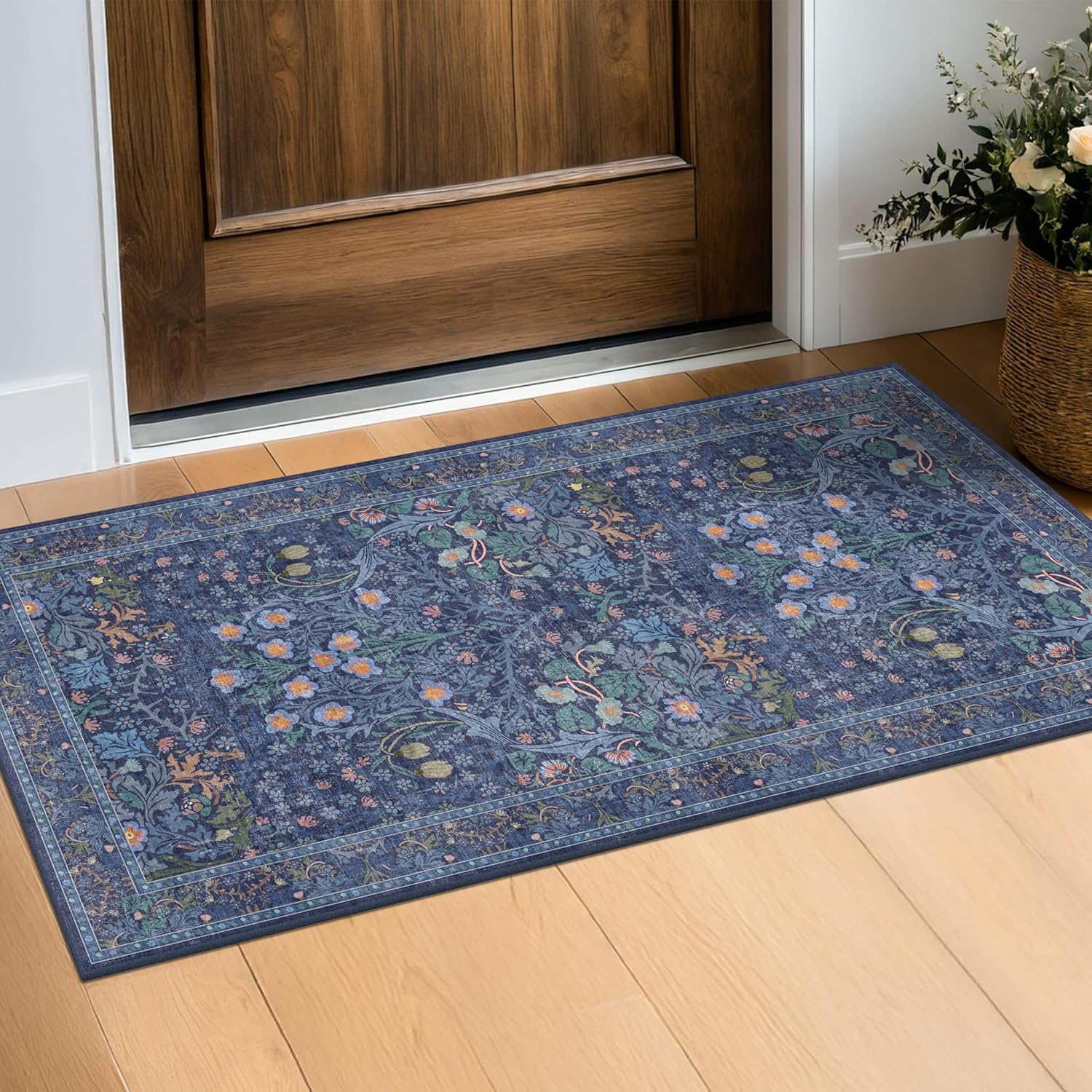 Dark Green Floral Living Room Rug 5x7 Area Rug - Vintage Forest Washable Mat for Dining Room, Bedroom, Low Pile Non Slip Stain Resistance Distressed Retro Indoor Boho Carpet (5x7 Dark Green)