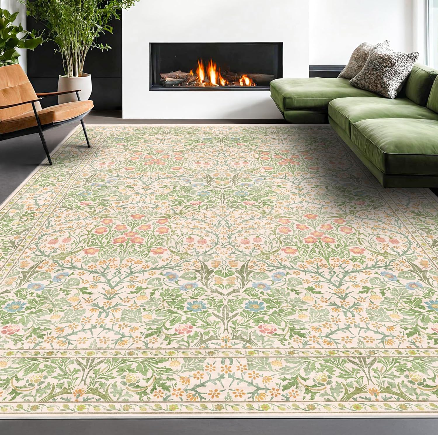 Dark Green Floral Living Room Rug 5x7 Area Rug - Vintage Forest Washable Mat for Dining Room, Bedroom, Low Pile Non Slip Stain Resistance Distressed Retro Indoor Boho Carpet (5x7 Dark Green)