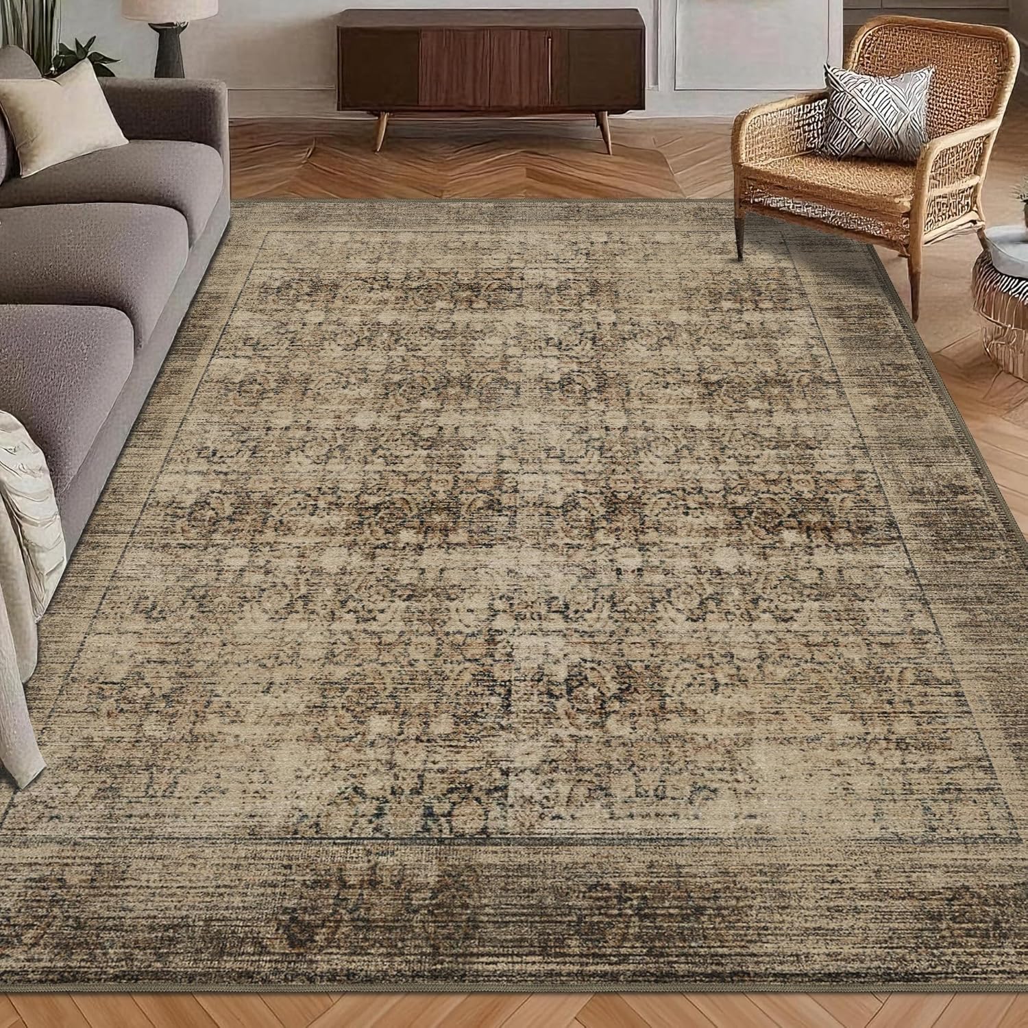 Washable Area Rug 8' x 10' Vintage Traditional Persian Mat - Foldable Distressed Non-Slip Machine Washable Carpet for Living Room Bedroom Kitchen Home Decor - Graphite and Mist