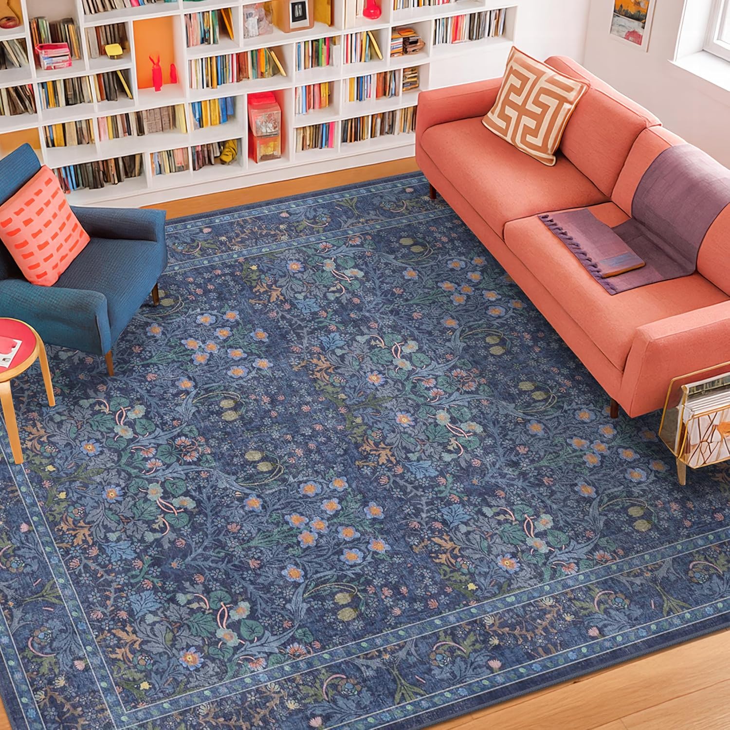 Dark Green Floral Living Room Rug 5x7 Area Rug - Vintage Forest Washable Mat for Dining Room, Bedroom, Low Pile Non Slip Stain Resistance Distressed Retro Indoor Boho Carpet (5x7 Dark Green)