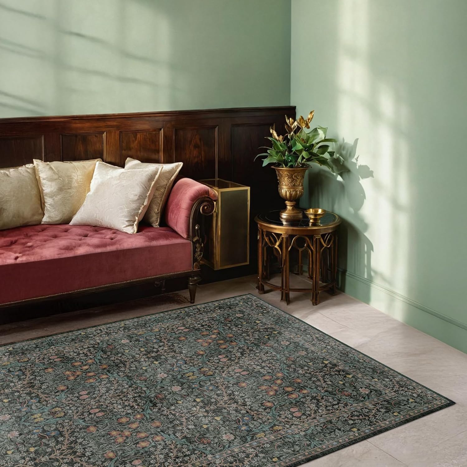 Dark Green Floral Living Room Rug 5x7 Area Rug - Vintage Forest Washable Mat for Dining Room, Bedroom, Low Pile Non Slip Stain Resistance Distressed Retro Indoor Boho Carpet (5x7 Dark Green)