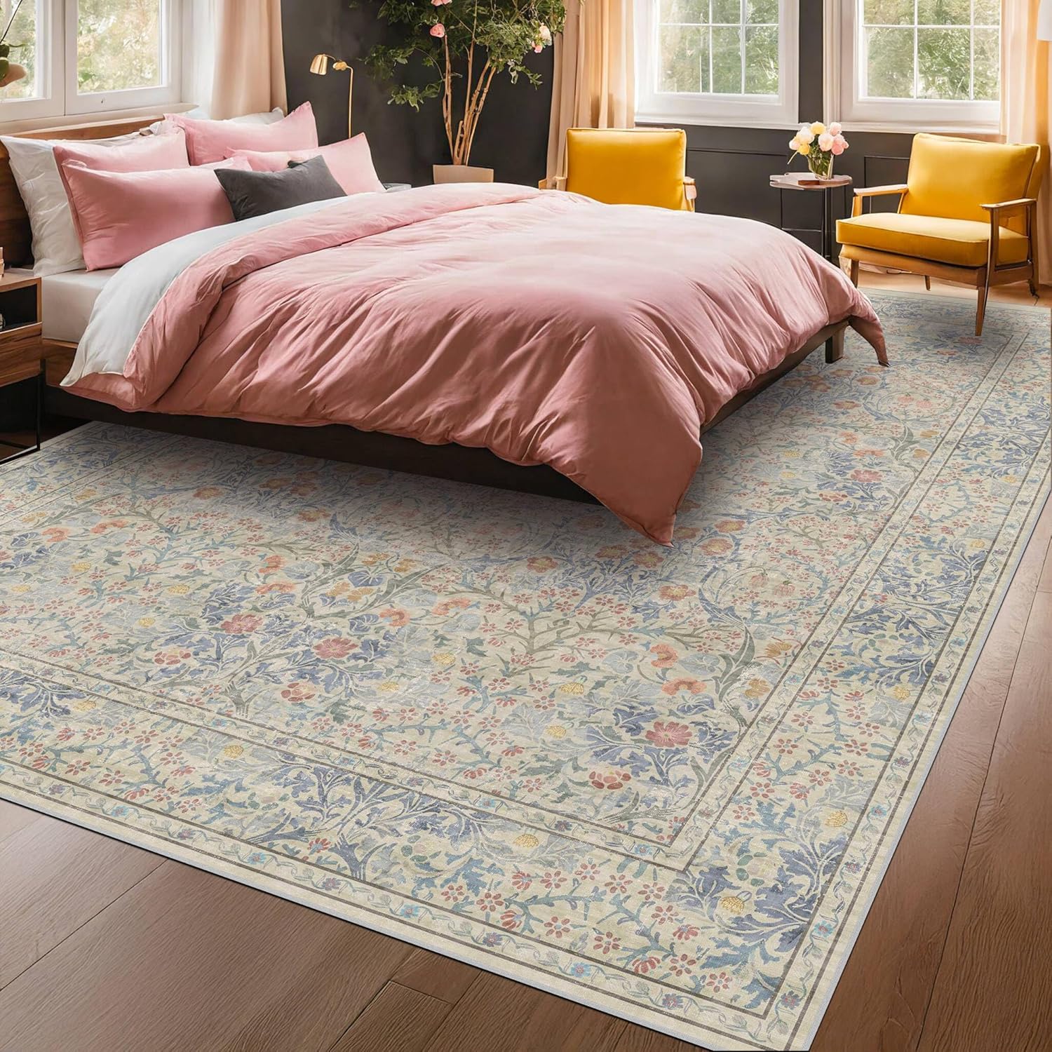 Dark Green Floral Living Room Rug 5x7 Area Rug - Vintage Forest Washable Mat for Dining Room, Bedroom, Low Pile Non Slip Stain Resistance Distressed Retro Indoor Boho Carpet (5x7 Dark Green)