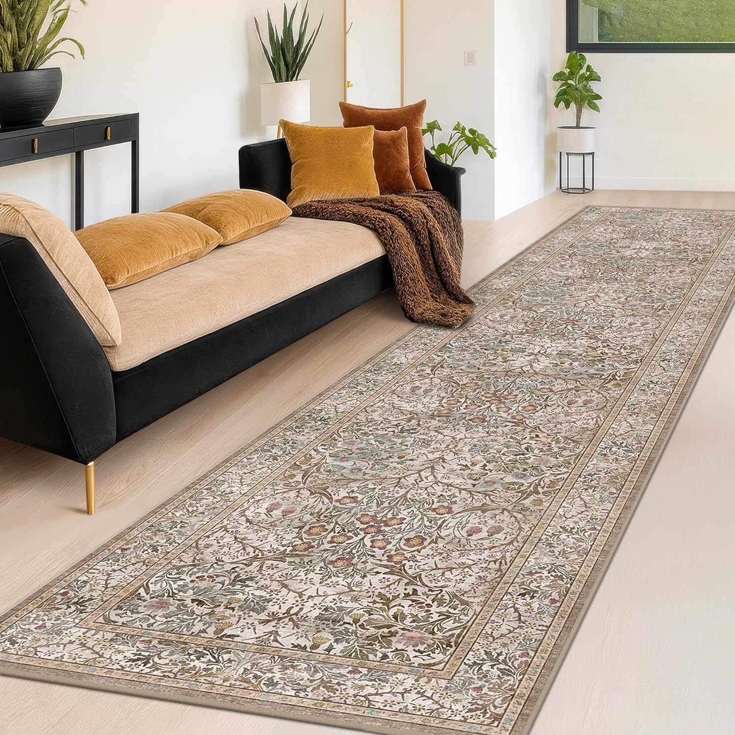 Dark Green Floral Living Room Rug 5x7 Area Rug - Vintage Forest Washable Mat for Dining Room, Bedroom, Low Pile Non Slip Stain Resistance Distressed Retro Indoor Boho Carpet (5x7 Dark Green)