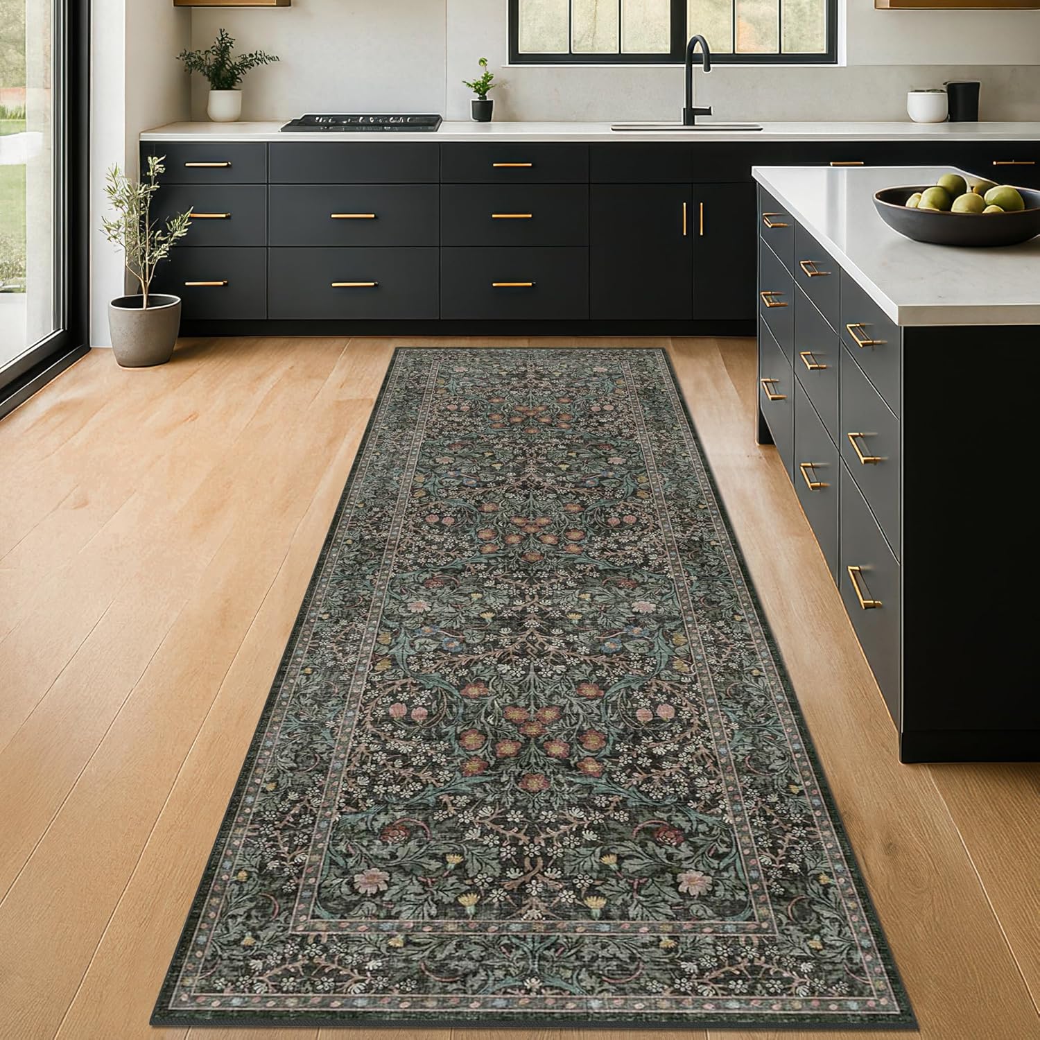 Dark Green Floral Living Room Rug 5x7 Area Rug - Vintage Forest Washable Mat for Dining Room, Bedroom, Low Pile Non Slip Stain Resistance Distressed Retro Indoor Boho Carpet (5x7 Dark Green)
