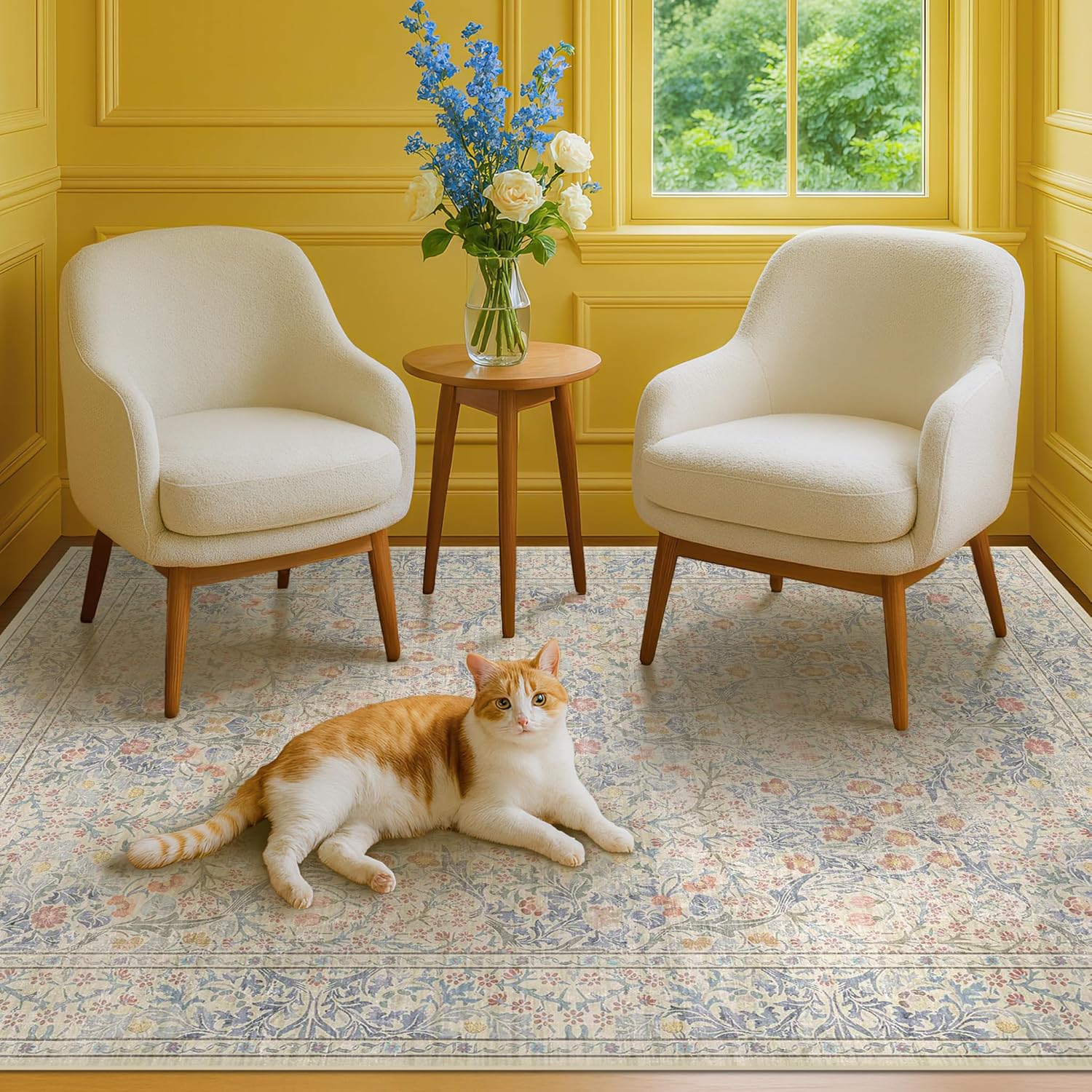 Dark Green Floral Living Room Rug 5x7 Area Rug - Vintage Forest Washable Mat for Dining Room, Bedroom, Low Pile Non Slip Stain Resistance Distressed Retro Indoor Boho Carpet (5x7 Dark Green)