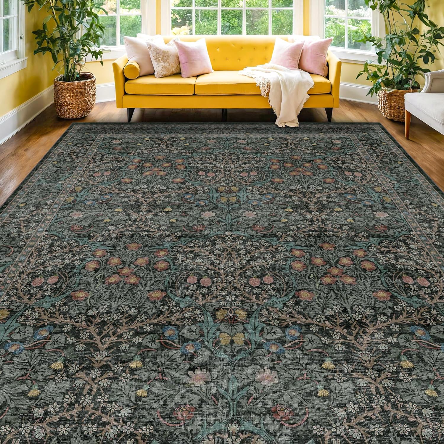 Dark Green Floral Living Room Rug 5x7 Area Rug - Vintage Forest Washable Mat for Dining Room, Bedroom, Low Pile Non Slip Stain Resistance Distressed Retro Indoor Boho Carpet (5x7 Dark Green)