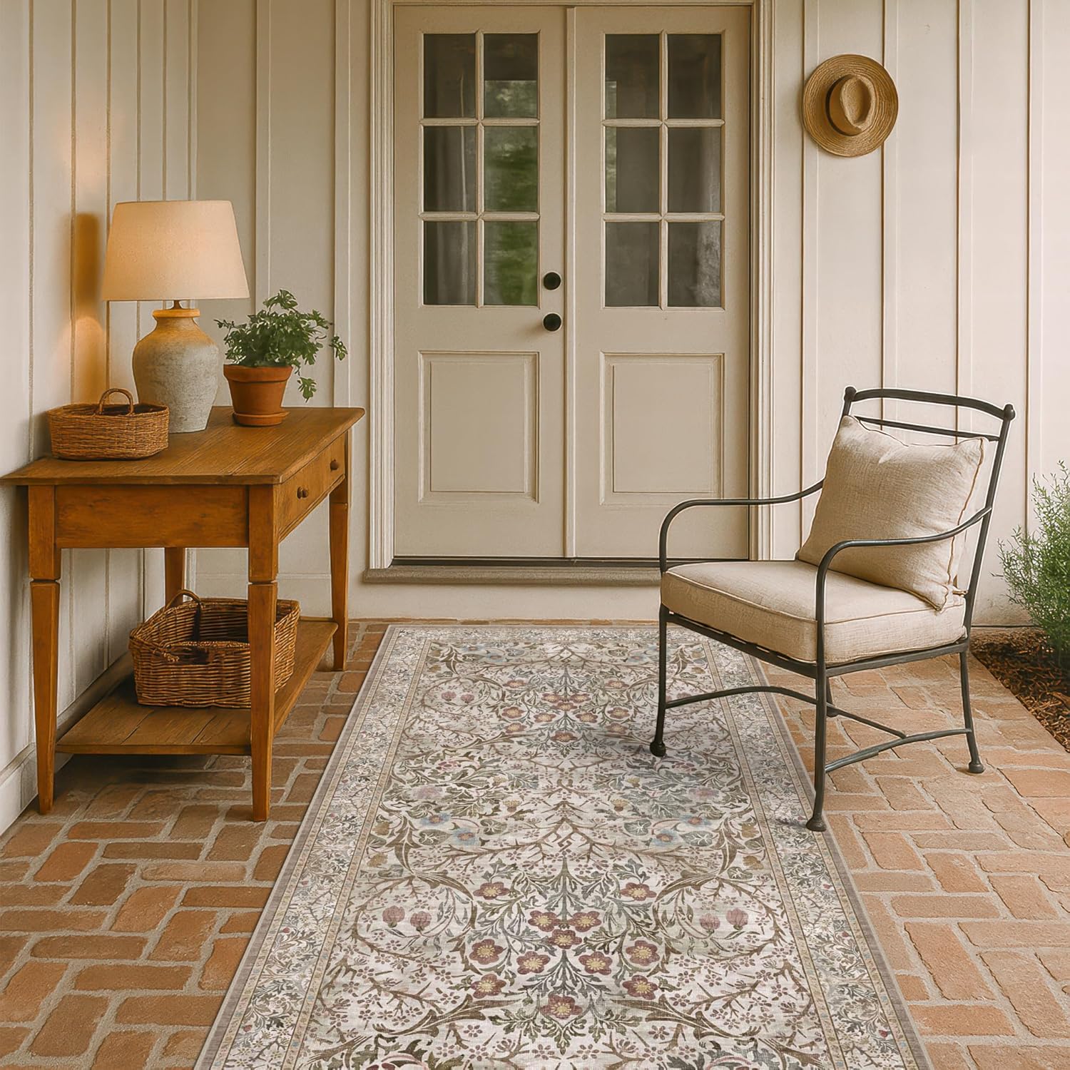 Dark Green Floral Living Room Rug 5x7 Area Rug - Vintage Forest Washable Mat for Dining Room, Bedroom, Low Pile Non Slip Stain Resistance Distressed Retro Indoor Boho Carpet (5x7 Dark Green)