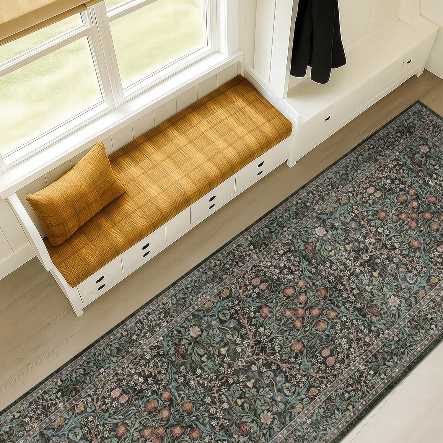 Dark Green Floral Living Room Rug 5x7 Area Rug - Vintage Forest Washable Mat for Dining Room, Bedroom, Low Pile Non Slip Stain Resistance Distressed Retro Indoor Boho Carpet (5x7 Dark Green)