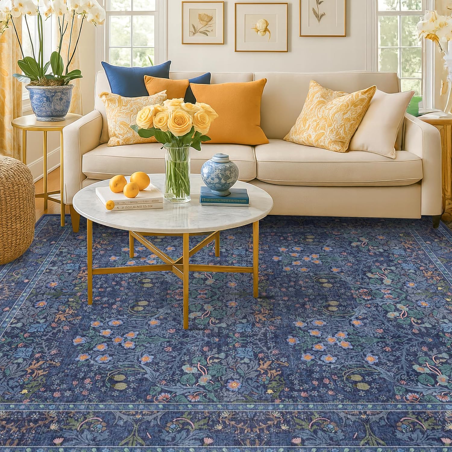 Dark Green Floral Living Room Rug 5x7 Area Rug - Vintage Forest Washable Mat for Dining Room, Bedroom, Low Pile Non Slip Stain Resistance Distressed Retro Indoor Boho Carpet (5x7 Dark Green)