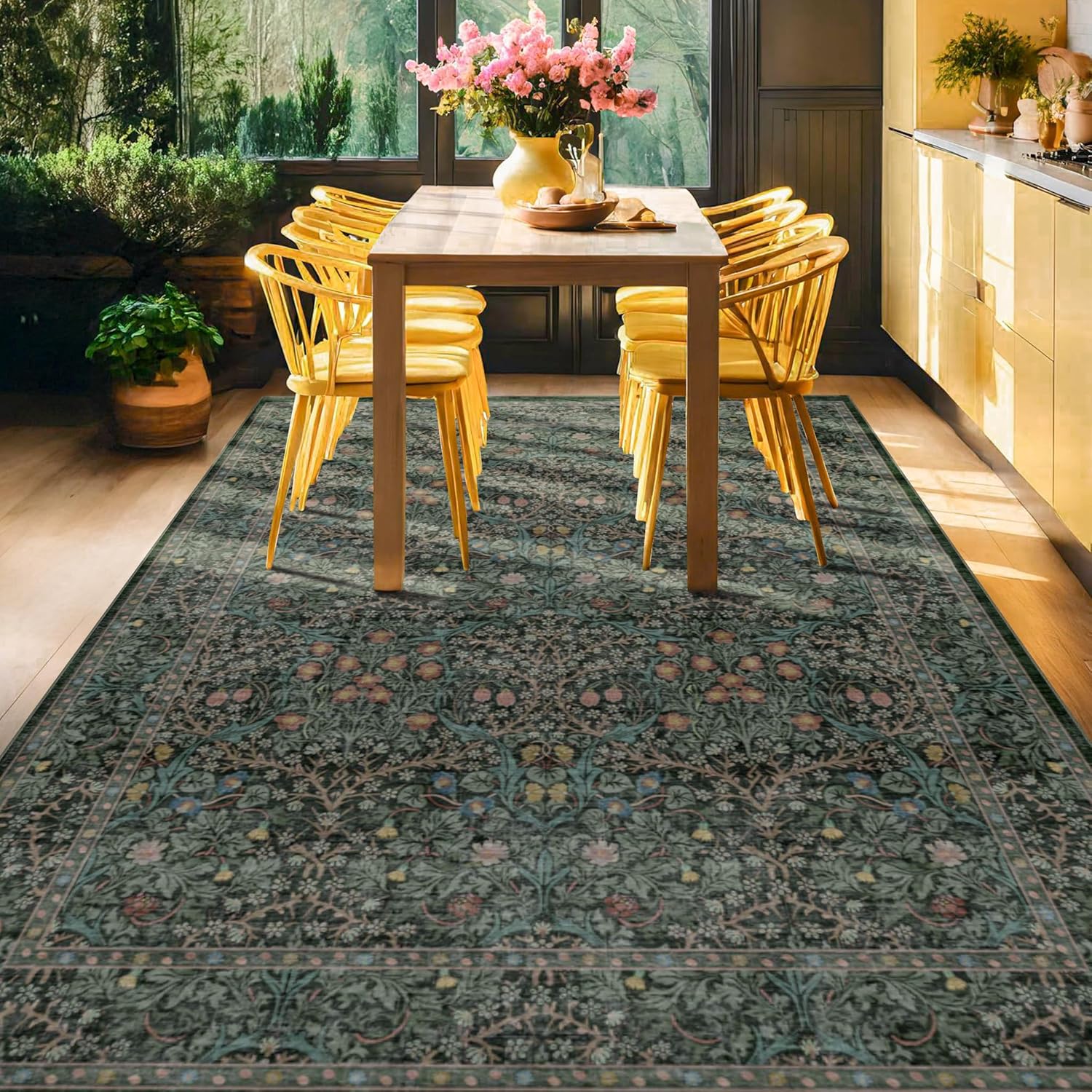 Dark Green Floral Living Room Rug 5x7 Area Rug - Vintage Forest Washable Mat for Dining Room, Bedroom, Low Pile Non Slip Stain Resistance Distressed Retro Indoor Boho Carpet (5x7 Dark Green)