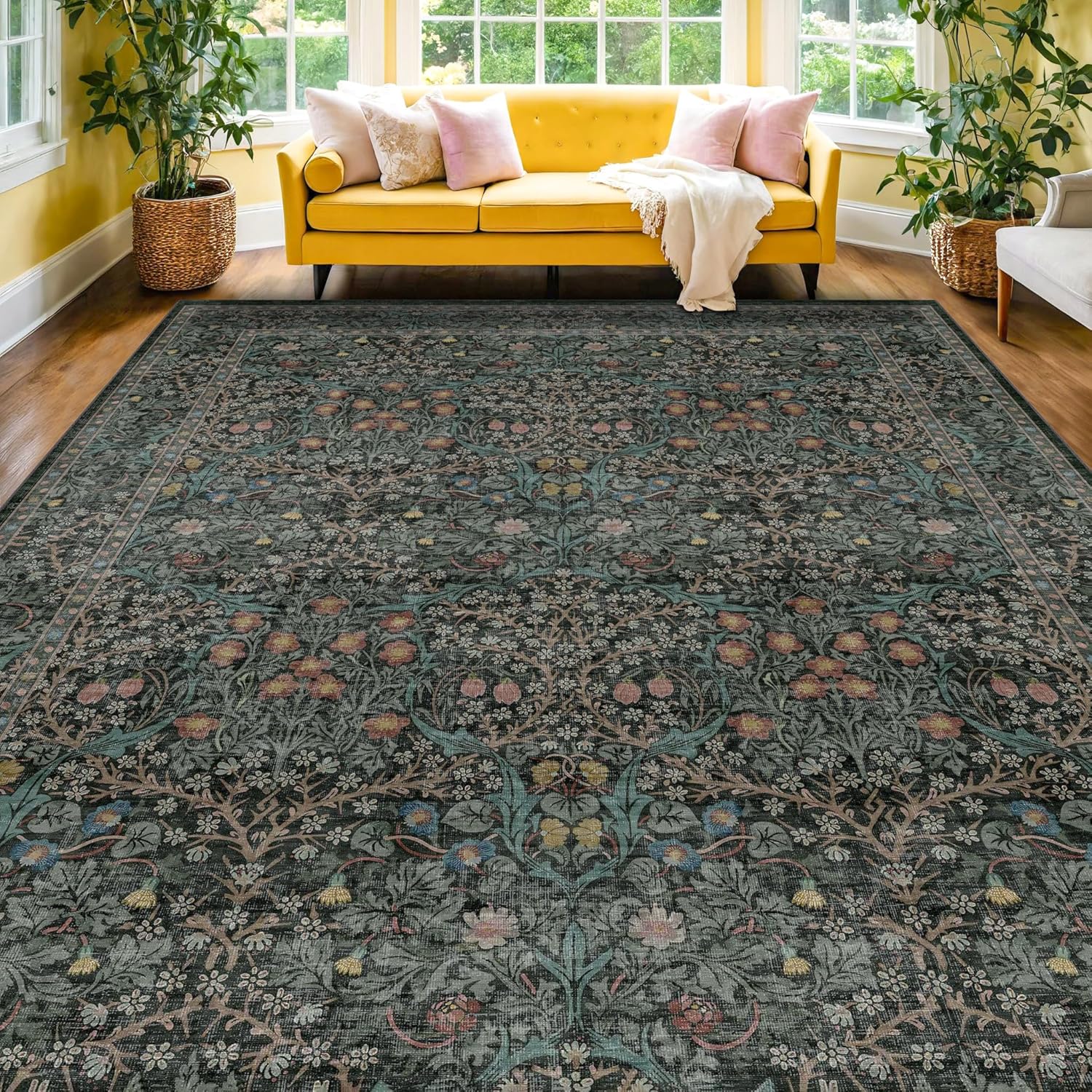 Dark Green Floral Living Room Rug 5x7 Area Rug - Vintage Forest Washable Mat for Dining Room, Bedroom, Low Pile Non Slip Stain Resistance Distressed Retro Indoor Boho Carpet (5x7 Dark Green)