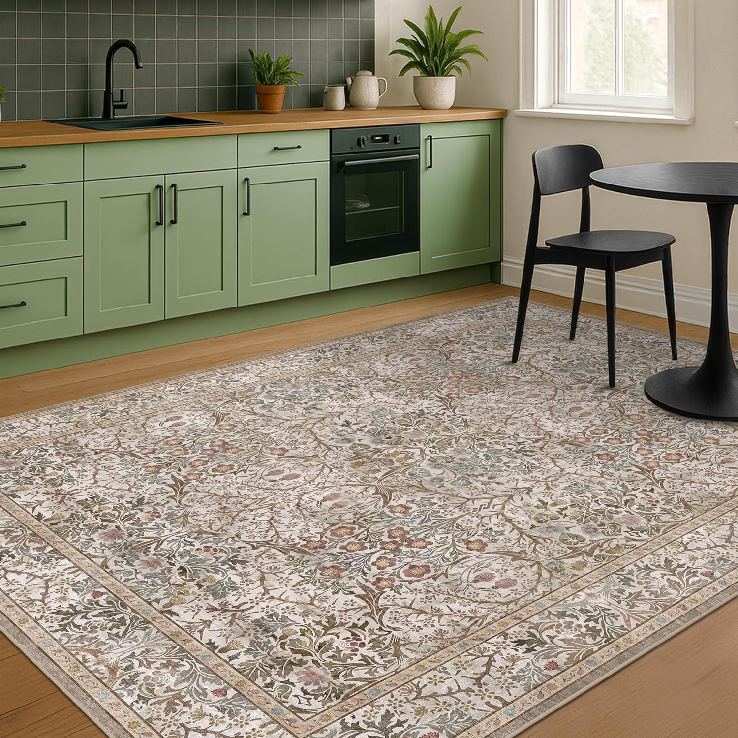 Dark Green Floral Living Room Rug 5x7 Area Rug - Vintage Forest Washable Mat for Dining Room, Bedroom, Low Pile Non Slip Stain Resistance Distressed Retro Indoor Boho Carpet (5x7 Dark Green)