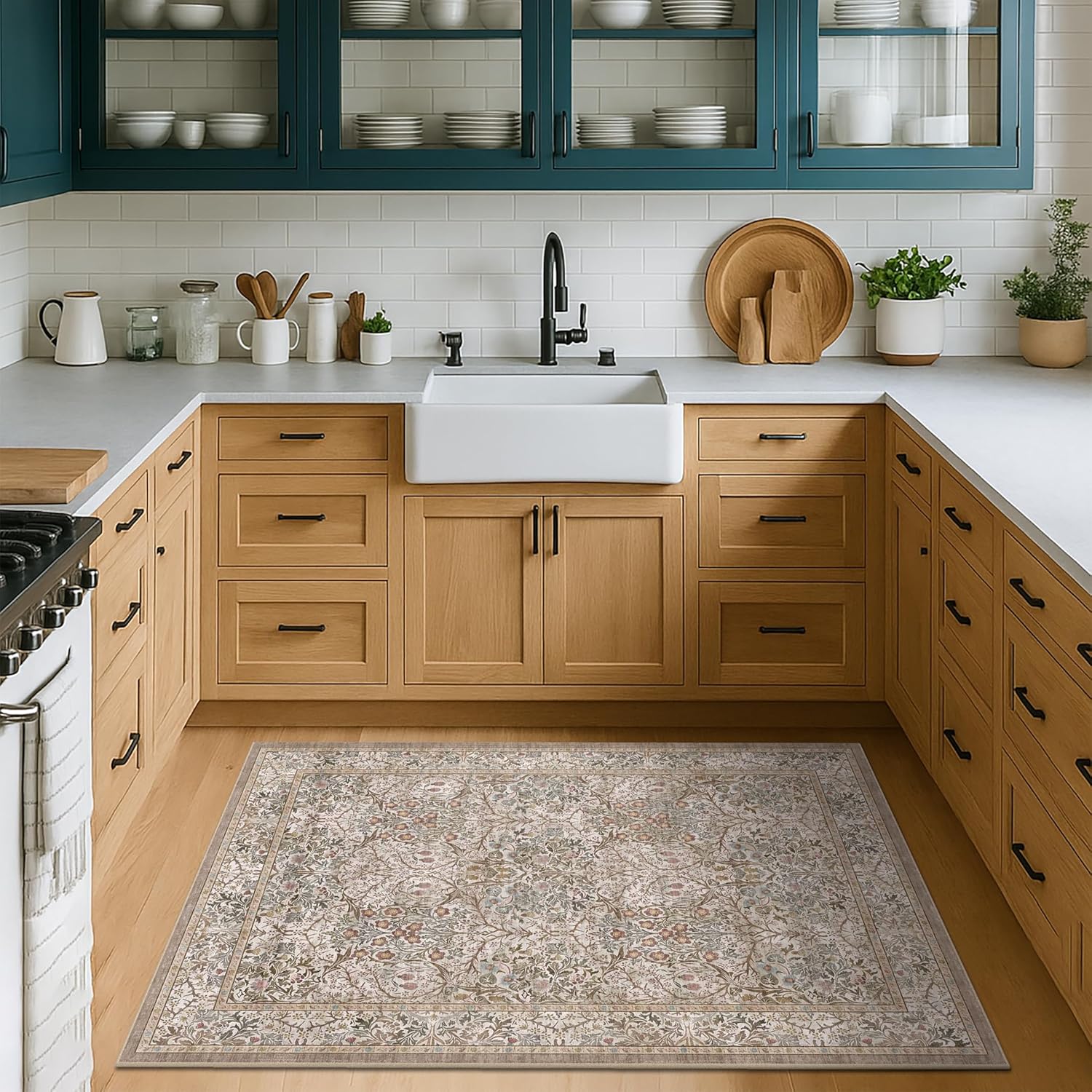 Dark Green Floral Living Room Rug 5x7 Area Rug - Vintage Forest Washable Mat for Dining Room, Bedroom, Low Pile Non Slip Stain Resistance Distressed Retro Indoor Boho Carpet (5x7 Dark Green)