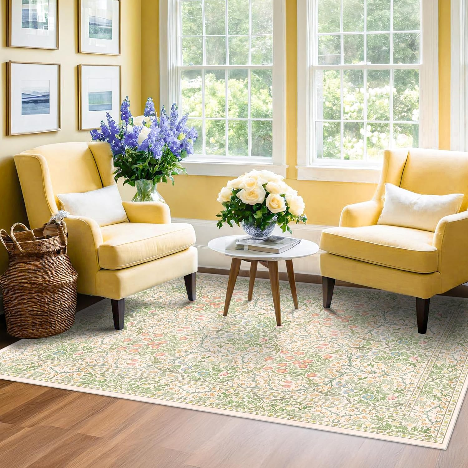 Dark Green Floral Living Room Rug 5x7 Area Rug - Vintage Forest Washable Mat for Dining Room, Bedroom, Low Pile Non Slip Stain Resistance Distressed Retro Indoor Boho Carpet (5x7 Dark Green)