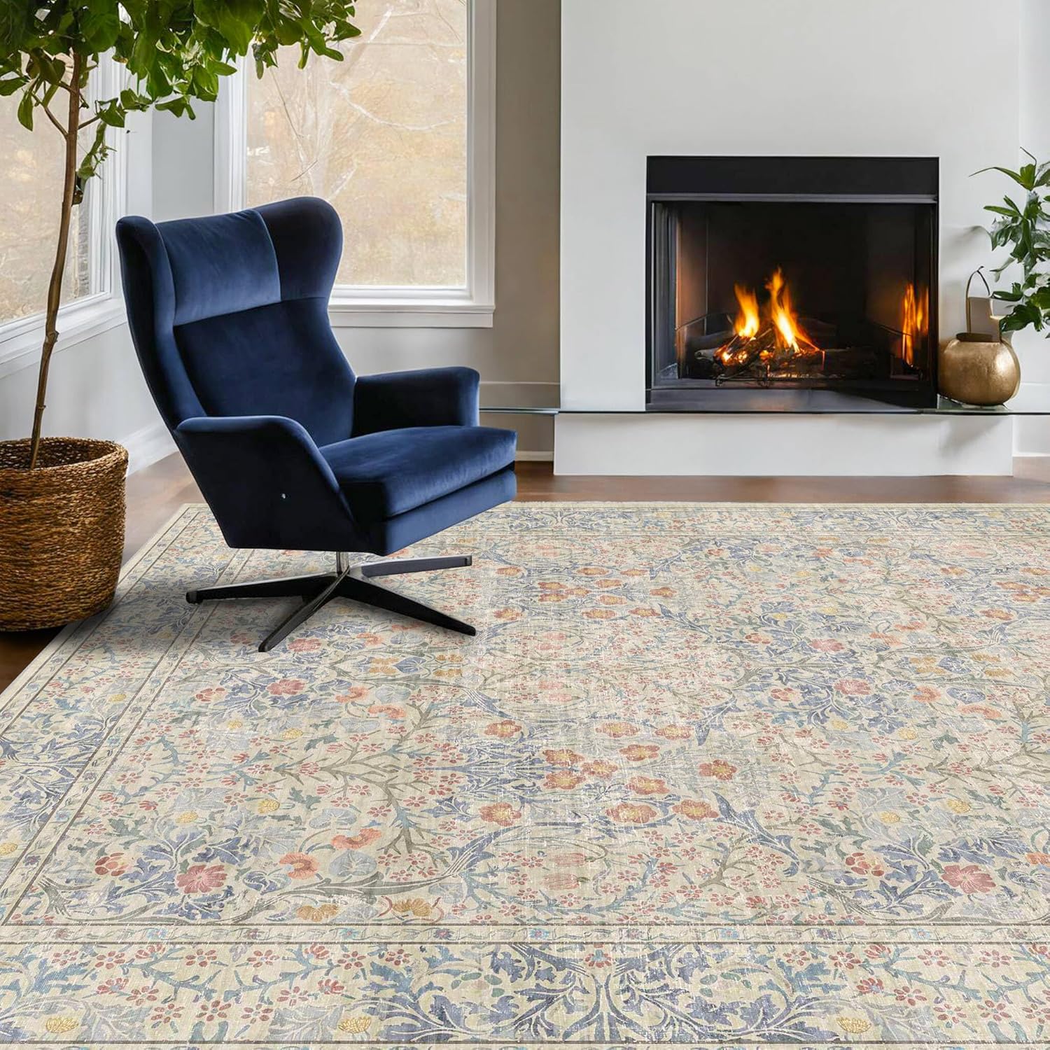 Dark Green Floral Living Room Rug 5x7 Area Rug - Vintage Forest Washable Mat for Dining Room, Bedroom, Low Pile Non Slip Stain Resistance Distressed Retro Indoor Boho Carpet (5x7 Dark Green)