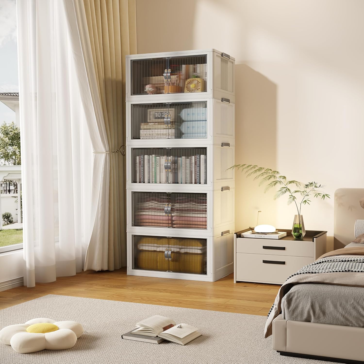 SAILUN 145Gal/580Qt Stackable Storage Bins Folding Collapsible Storage Bins with Lid, Closet Organizers and Storage, Grey 26" W x 17" D x 71" H