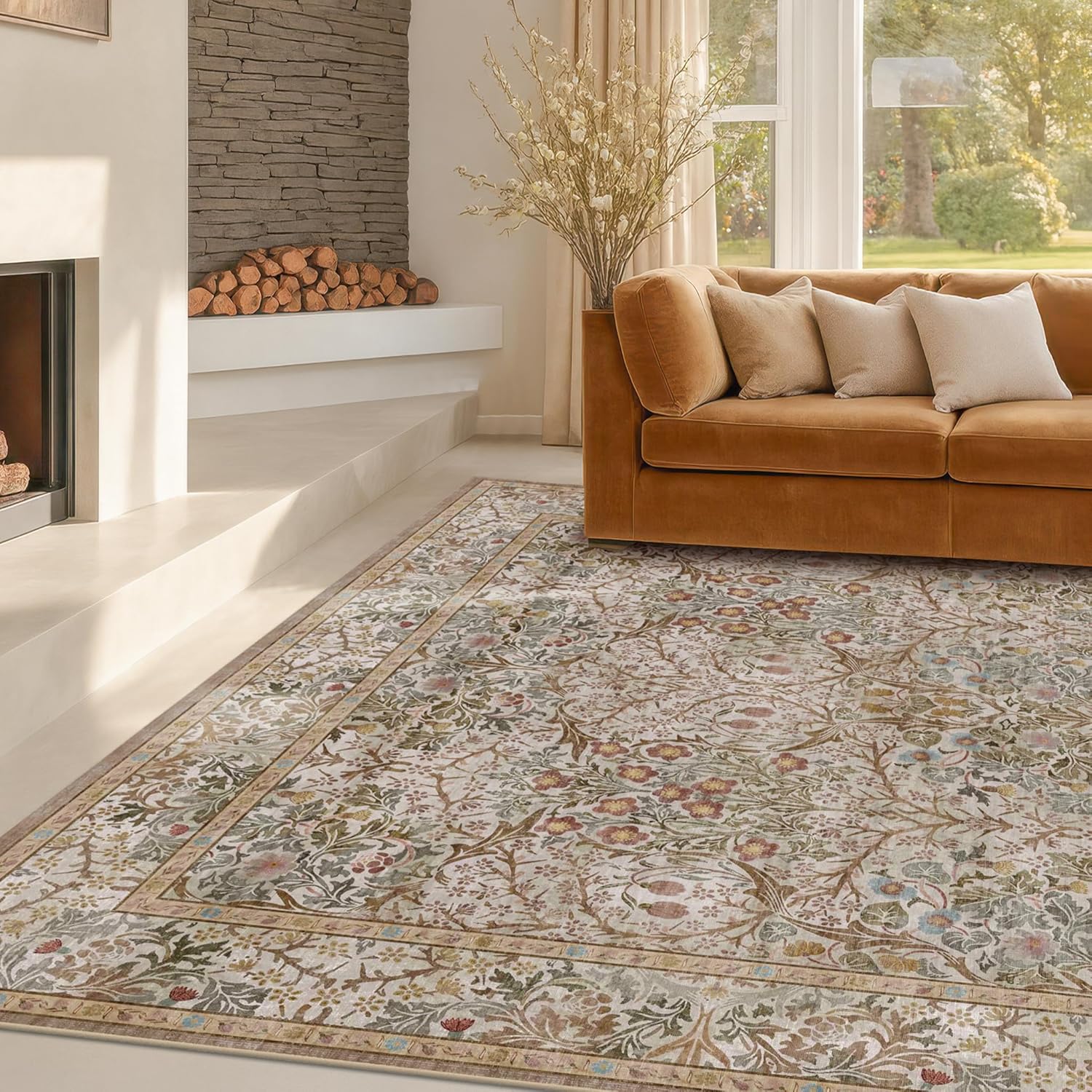 Dark Green Floral Living Room Rug 5x7 Area Rug - Vintage Forest Washable Mat for Dining Room, Bedroom, Low Pile Non Slip Stain Resistance Distressed Retro Indoor Boho Carpet (5x7 Dark Green)