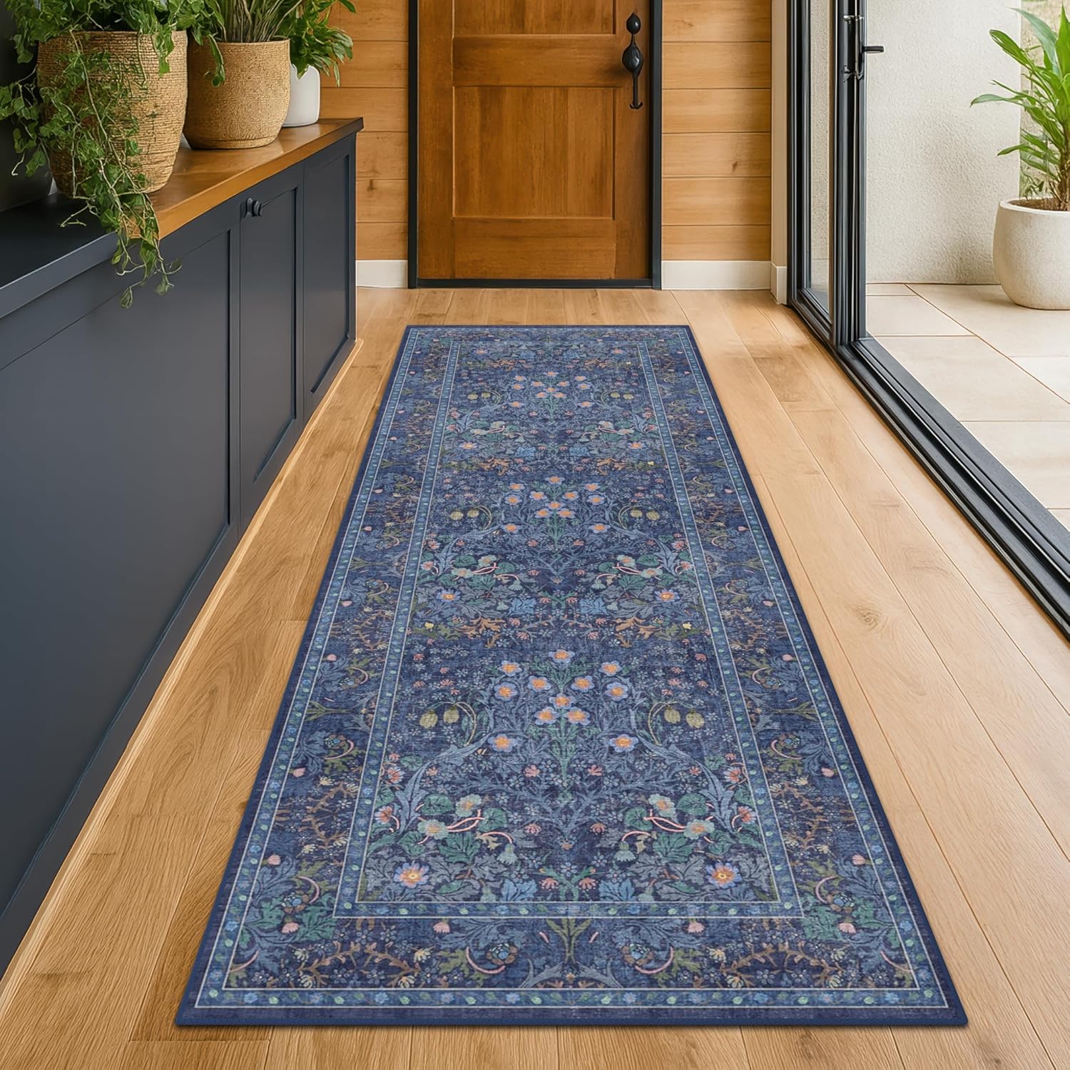 Dark Green Floral Living Room Rug 5x7 Area Rug - Vintage Forest Washable Mat for Dining Room, Bedroom, Low Pile Non Slip Stain Resistance Distressed Retro Indoor Boho Carpet (5x7 Dark Green)