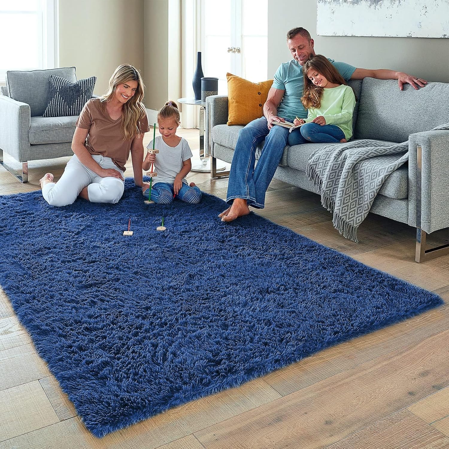 Ophanie 5x8 Blue Rugs for Living Room, Kids Nursery Rug Aesthetic, Playroom Navy Area Rugs for Boys Girls Teen Home Decor, Fluffy Fuzzy Soft Plush Shaggy Bedside Floor Bedroom Carpet for Teen