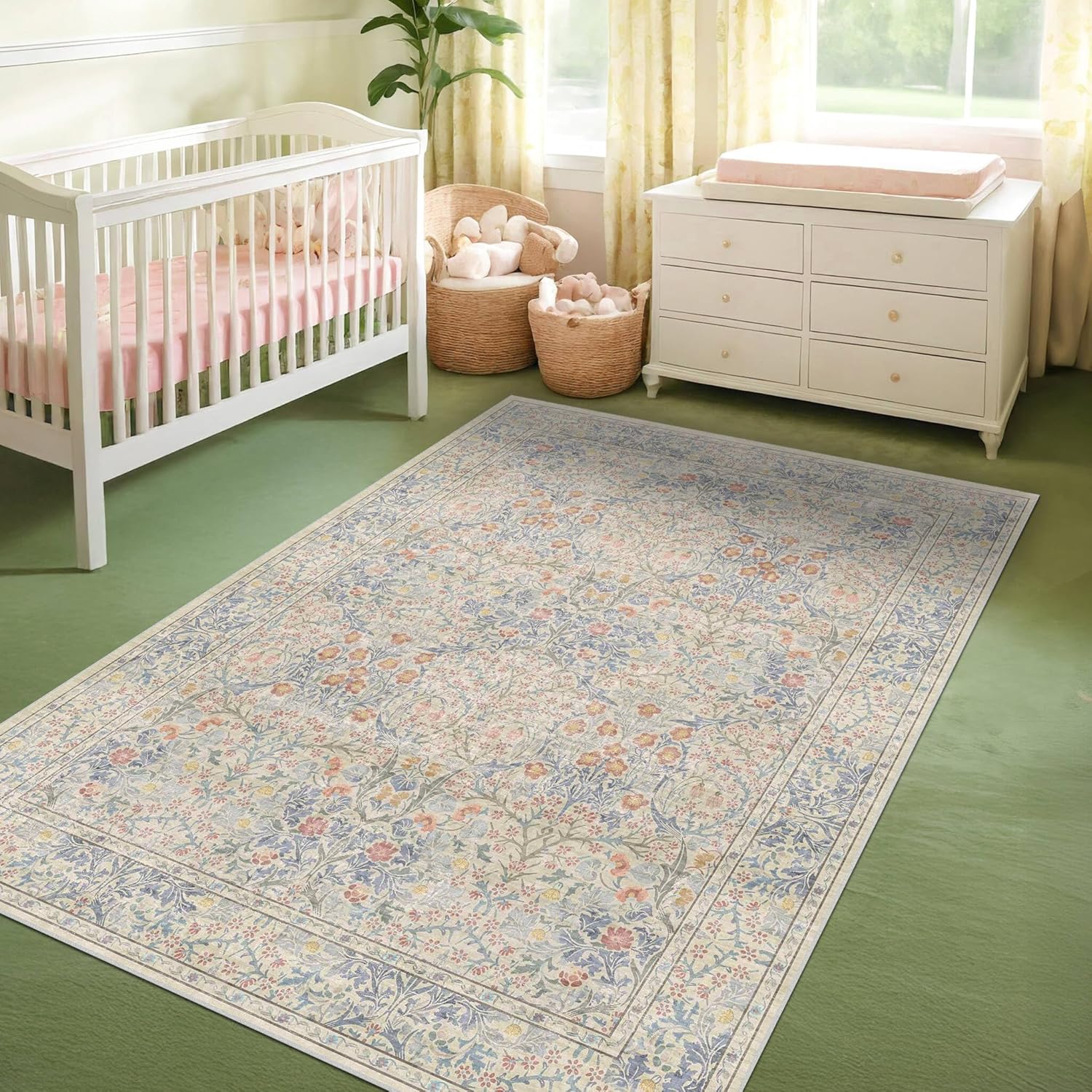 Dark Green Floral Living Room Rug 5x7 Area Rug - Vintage Forest Washable Mat for Dining Room, Bedroom, Low Pile Non Slip Stain Resistance Distressed Retro Indoor Boho Carpet (5x7 Dark Green)