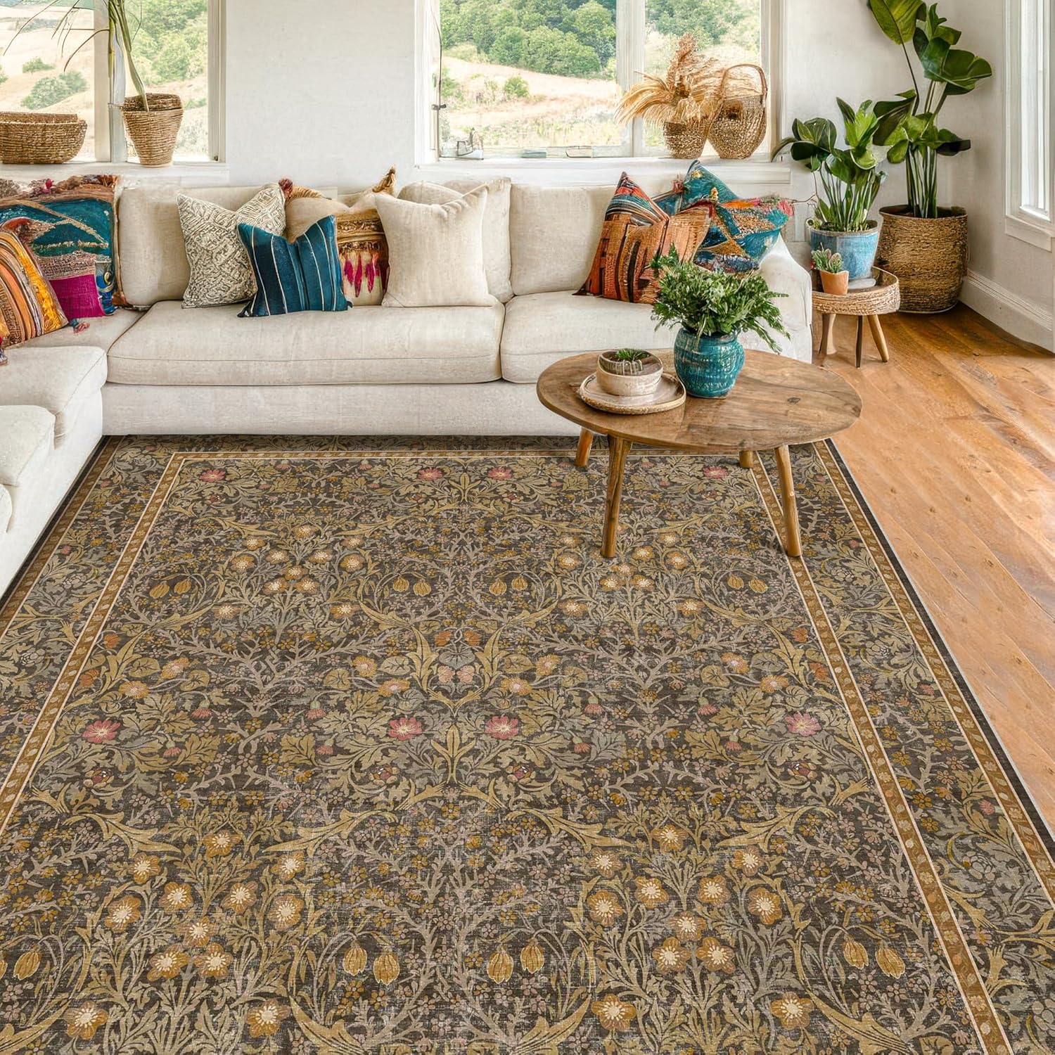 Dark Green Floral Living Room Rug 5x7 Area Rug - Vintage Forest Washable Mat for Dining Room, Bedroom, Low Pile Non Slip Stain Resistance Distressed Retro Indoor Boho Carpet (5x7 Dark Green)