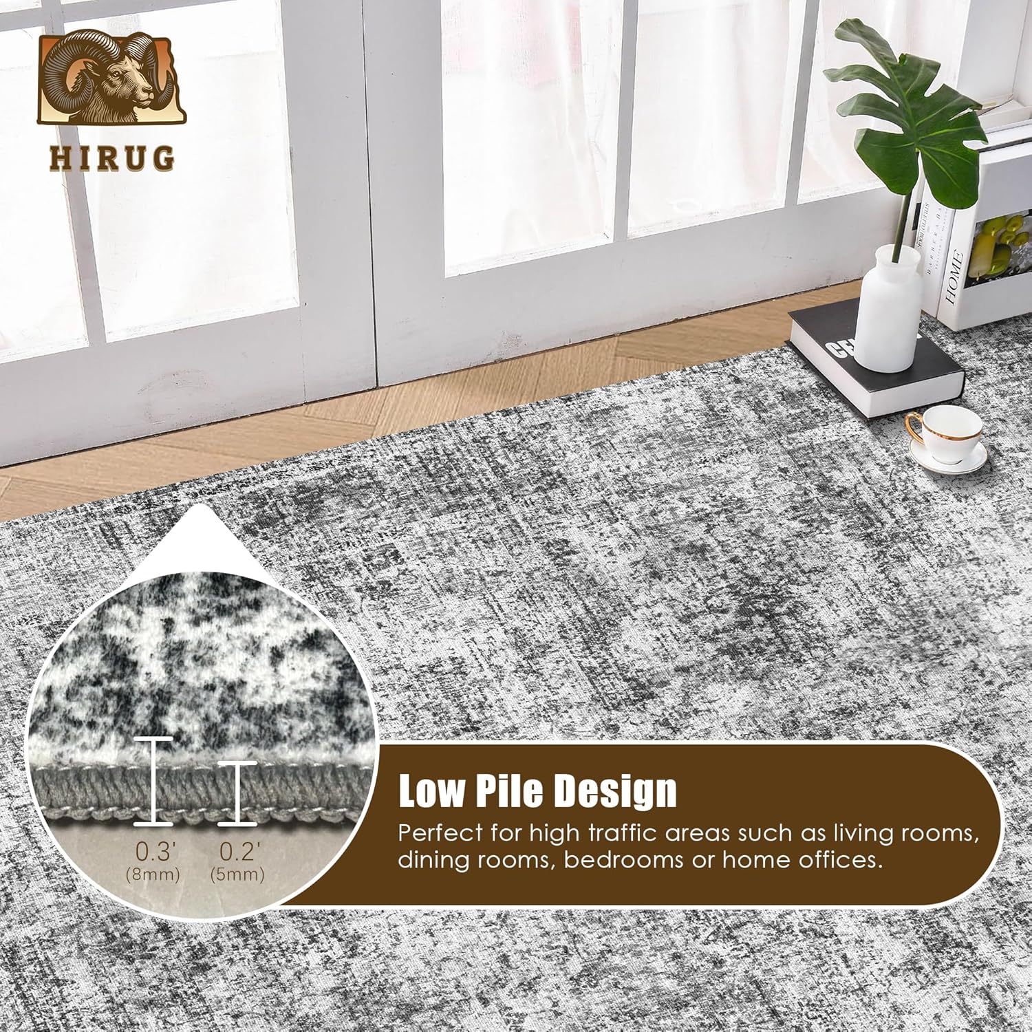 Washable Area Rug 8' x 10' Vintage Traditional Persian Mat - Foldable Distressed Non-Slip Machine Washable Carpet for Living Room Bedroom Kitchen Home Decor - Graphite and Mist