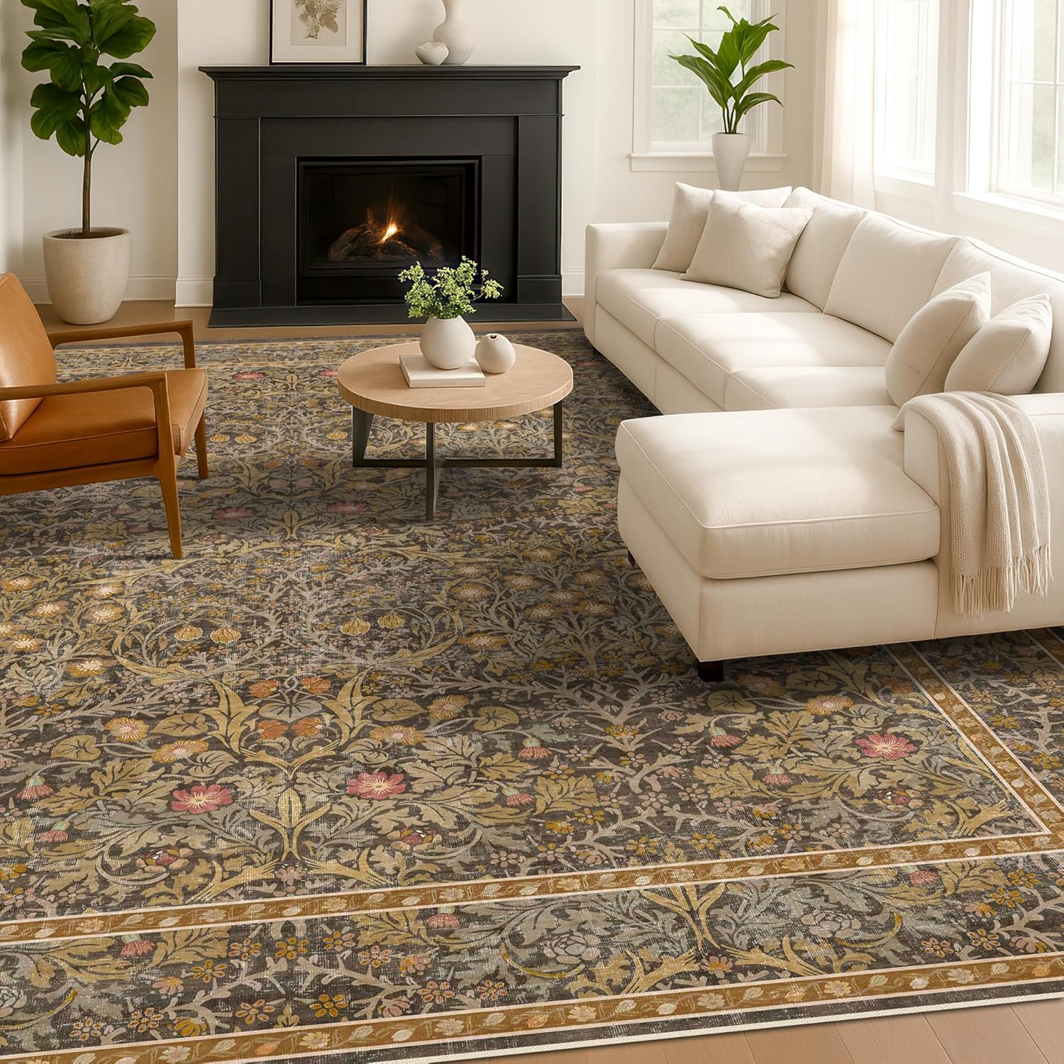 Dark Green Floral Living Room Rug 5x7 Area Rug - Vintage Forest Washable Mat for Dining Room, Bedroom, Low Pile Non Slip Stain Resistance Distressed Retro Indoor Boho Carpet (5x7 Dark Green)