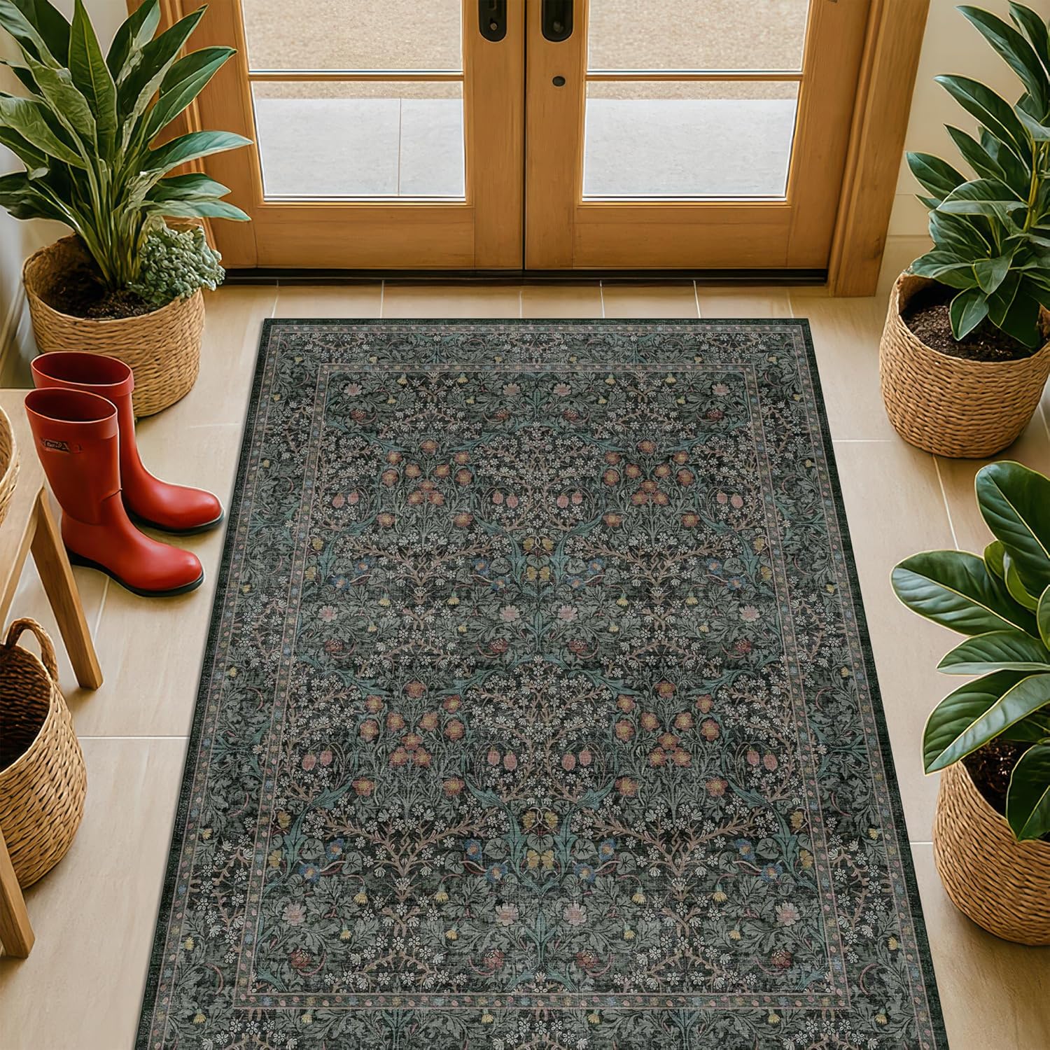 Dark Green Floral Living Room Rug 5x7 Area Rug - Vintage Forest Washable Mat for Dining Room, Bedroom, Low Pile Non Slip Stain Resistance Distressed Retro Indoor Boho Carpet (5x7 Dark Green)
