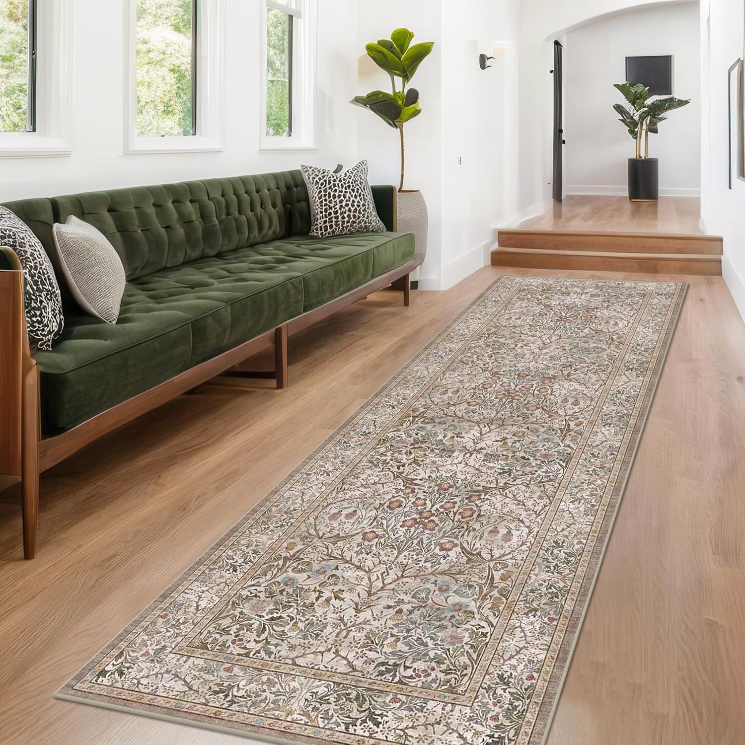 Dark Green Floral Living Room Rug 5x7 Area Rug - Vintage Forest Washable Mat for Dining Room, Bedroom, Low Pile Non Slip Stain Resistance Distressed Retro Indoor Boho Carpet (5x7 Dark Green)