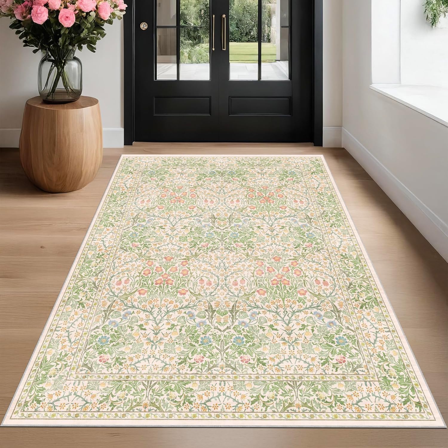 Dark Green Floral Living Room Rug 5x7 Area Rug - Vintage Forest Washable Mat for Dining Room, Bedroom, Low Pile Non Slip Stain Resistance Distressed Retro Indoor Boho Carpet (5x7 Dark Green)