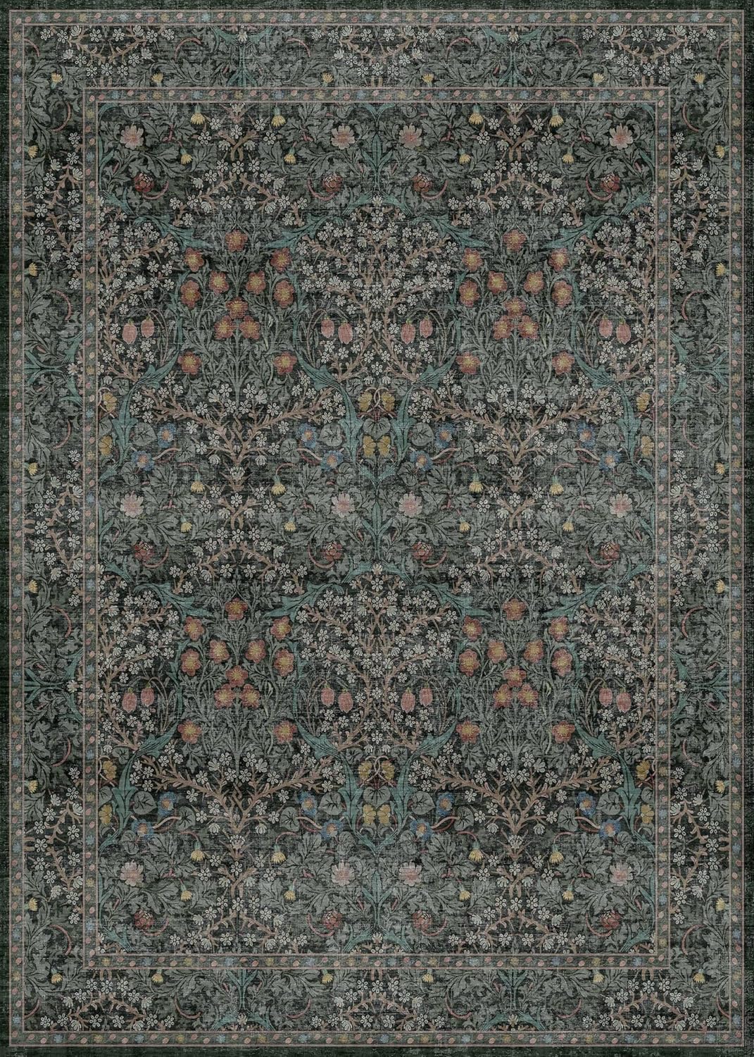Dark Green Floral Living Room Rug 5x7 Area Rug - Vintage Forest Washable Mat for Dining Room, Bedroom, Low Pile Non Slip Stain Resistance Distressed Retro Indoor Boho Carpet (5x7 Dark Green)