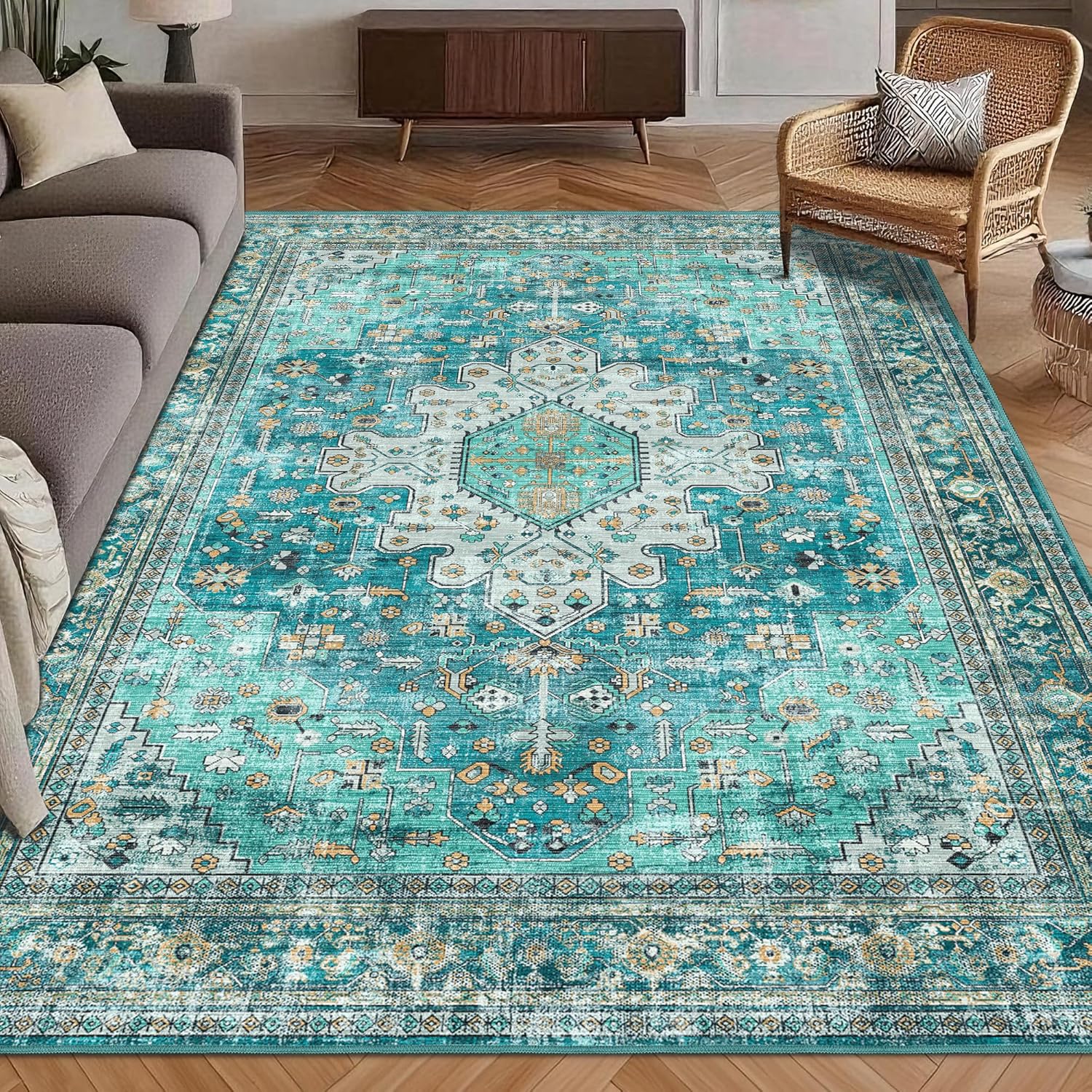 Washable Area Rug 8' x 10' Vintage Traditional Persian Mat - Foldable Distressed Non-Slip Machine Washable Carpet for Living Room Bedroom Kitchen Home Decor - Graphite and Mist