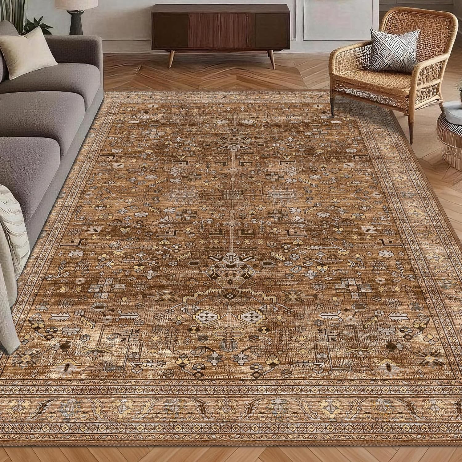 Washable Area Rug 8' x 10' Vintage Traditional Persian Mat - Foldable Distressed Non-Slip Machine Washable Carpet for Living Room Bedroom Kitchen Home Decor - Graphite and Mist