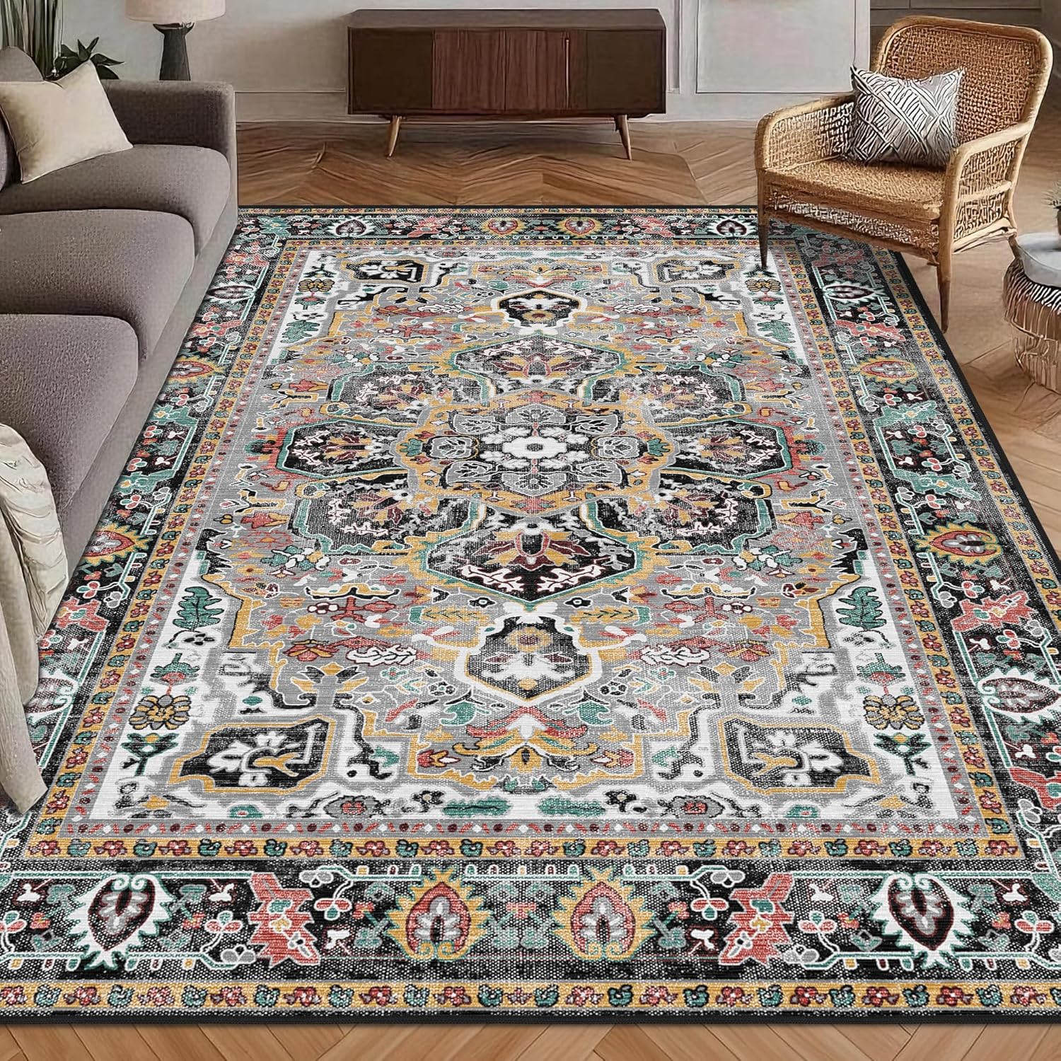 Washable Area Rug 8' x 10' Vintage Traditional Persian Mat - Foldable Distressed Non-Slip Machine Washable Carpet for Living Room Bedroom Kitchen Home Decor - Graphite and Mist