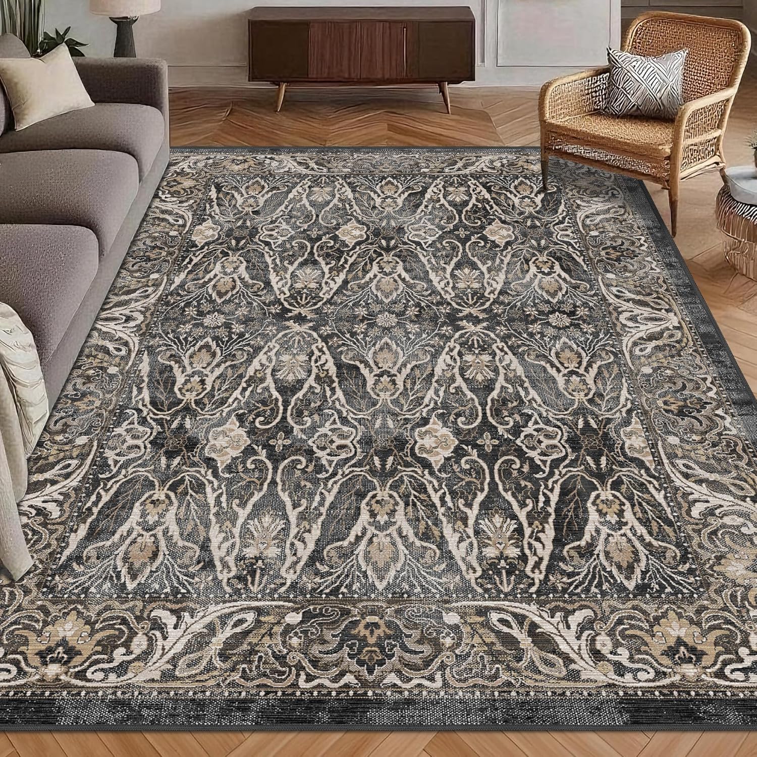 Washable Area Rug 8' x 10' Vintage Traditional Persian Mat - Foldable Distressed Non-Slip Machine Washable Carpet for Living Room Bedroom Kitchen Home Decor - Graphite and Mist