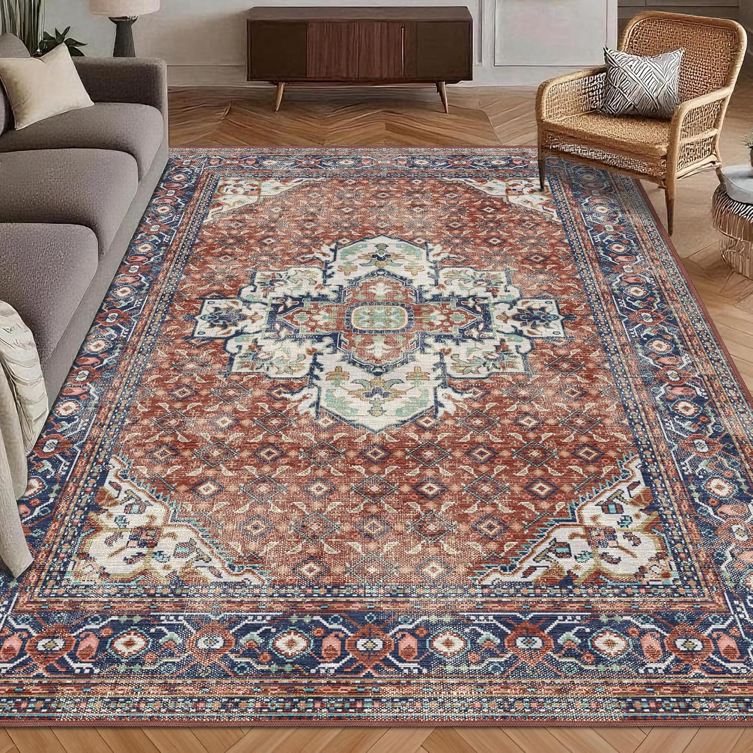 Washable Area Rug 8' x 10' Vintage Traditional Persian Mat - Foldable Distressed Non-Slip Machine Washable Carpet for Living Room Bedroom Kitchen Home Decor - Graphite and Mist